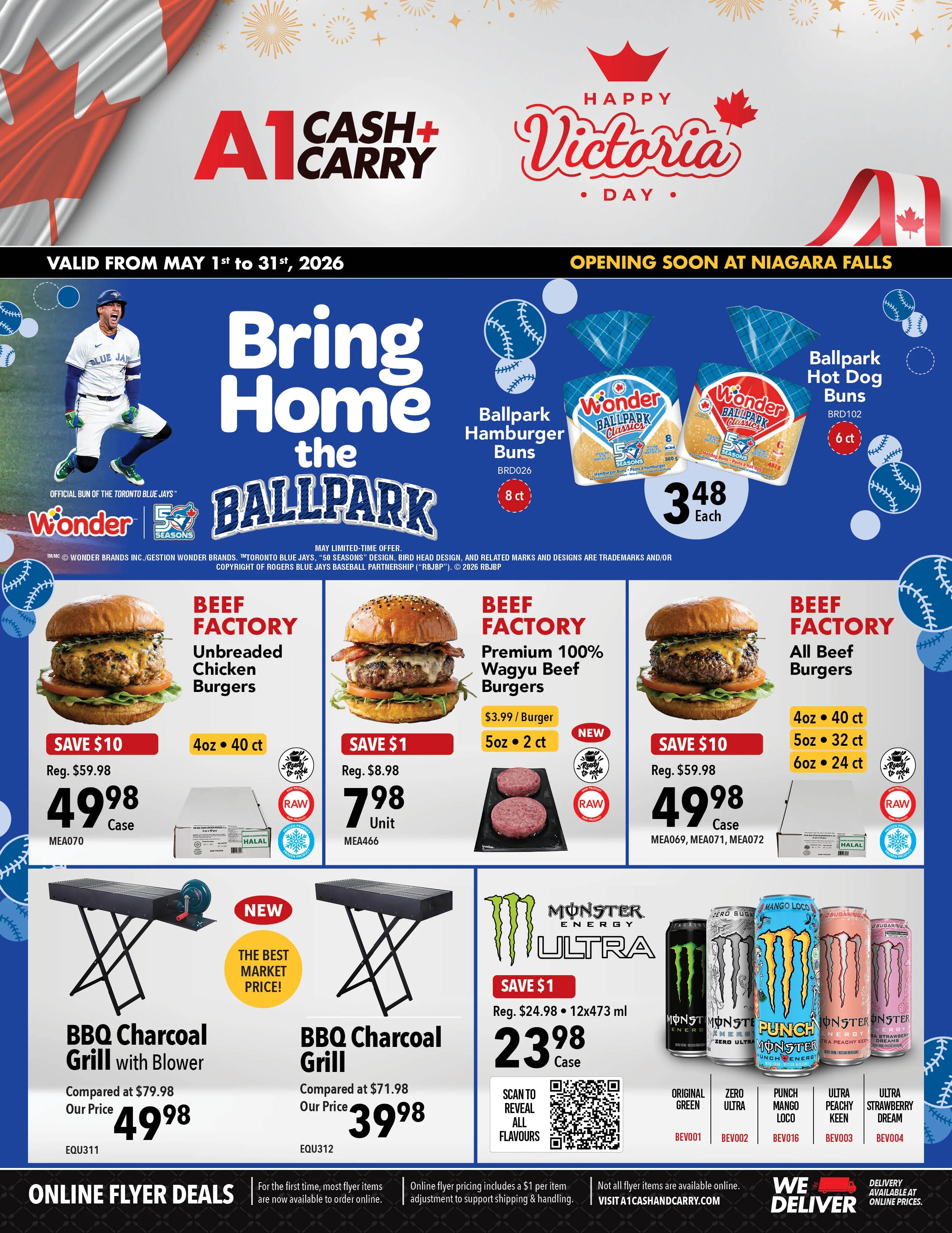 A1 Cash & Carry flyer specials valid from May 1st to May 31st, 2026. Featuring 'Bring Home the Ballpark' theme with Wonder Ballpark Hamburger Buns (8 ct) for $3.48 each and Wonder Ballpark Hot Dog Buns (6 ct). Beef Factory Unbreaded Chicken Burgers (4 oz, 40 ct) on sale for $49.98 per case, save $10. Beef Factory Premium 100% Wagyu Beef Burgers (5 oz, 2 ct) for $3.99 per burger, on sale for $7.98 per unit, save $1. Beef Factory All Beef Burgers (4 oz, 40 ct; 5 oz, 32 ct; 6 oz, 24 ct) on sale for $49.98 per case, save $10. Also featured are a NEW BBQ Charcoal Grill with Blower for $49.98, compared to $79.98, and a NEW BBQ Charcoal Grill for $39.98, compared to $71.98. Monster Ultra energy drinks (12x473 ml) are on sale for $23.98 per case, save $1, with flavours including Original Green, Zero Ultra, Punch Mango Loco, Ultra Peachy Keen, and Ultra Strawberry Dream.