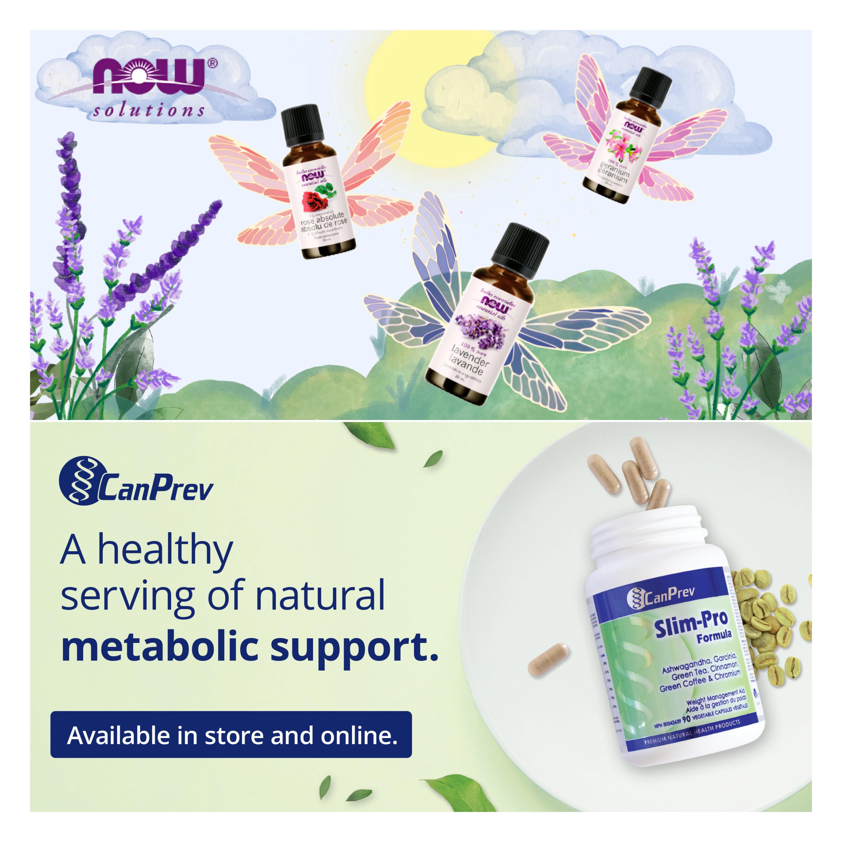Page 2 of the Ambrosia Natural Foods flyer, featuring NOW Solutions essential oils including Rose Absolute and Geranium, alongside CanPrev Slim-Pro Formula for metabolic support. The top section displays lavender sprigs and bottles of essential oils with whimsical fairy wings against a sky background. The bottom section highlights CanPrev Slim-Pro Formula, a weight management aid containing Ashwagandha, Garcinia, Green Tea, Cinnamon, Green Coffee, and Chromium, available in 90 vegetable capsules. Text indicates availability in store and online.