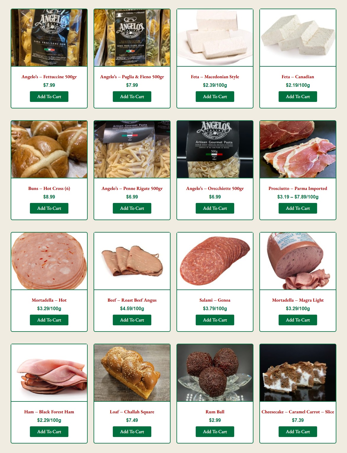 Angelo's Italian Market flyer specials page 2. Products featured include Angelo's Fettuccine 500gr for $7.99, Angelo's Paglia & Fieno 500gr for $7.99, Feta - Macedonian Style for $2.39/100g, Feta - Canadian for $2.19/100g, Buns - Hot Cross (6) for $8.99, Angelo's Penne Rigate 500gr for $6.99, Angelo's Orecchiette 500gr for $6.99, Prosciutto - Parma Imported priced between $3.19 and $7.89/100g, Mortadella - Hot for $3.29/100g, Beef - Roast Beef Angus for $4.59/100g, Salami - Genoa for $3.79/100g, Mortadella - Magra Light for $3.29/100g, Ham - Black Forest Ham for $2.29/100g, Loaf - Challah Square for $7.49, Rum Ball for $2.99, and Cheesecake - Caramel Carrot - Slice for $7.39.