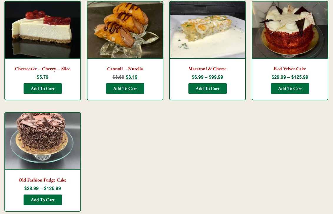Angelo's Italian Market flyer specials page 3 features a selection of desserts and prepared foods. Items include a Cherry Cheesecake slice for $5.79, Nutella Cannoli originally $3.69 now on sale for $3.19, Macaroni & Cheese priced from $6.99 to $99.99, a Red Velvet Cake ranging from $29.99 to $125.99, and an Old Fashion Fudge Cake available from $28.99 to $125.99. Each item has an 'Add To Cart' button.