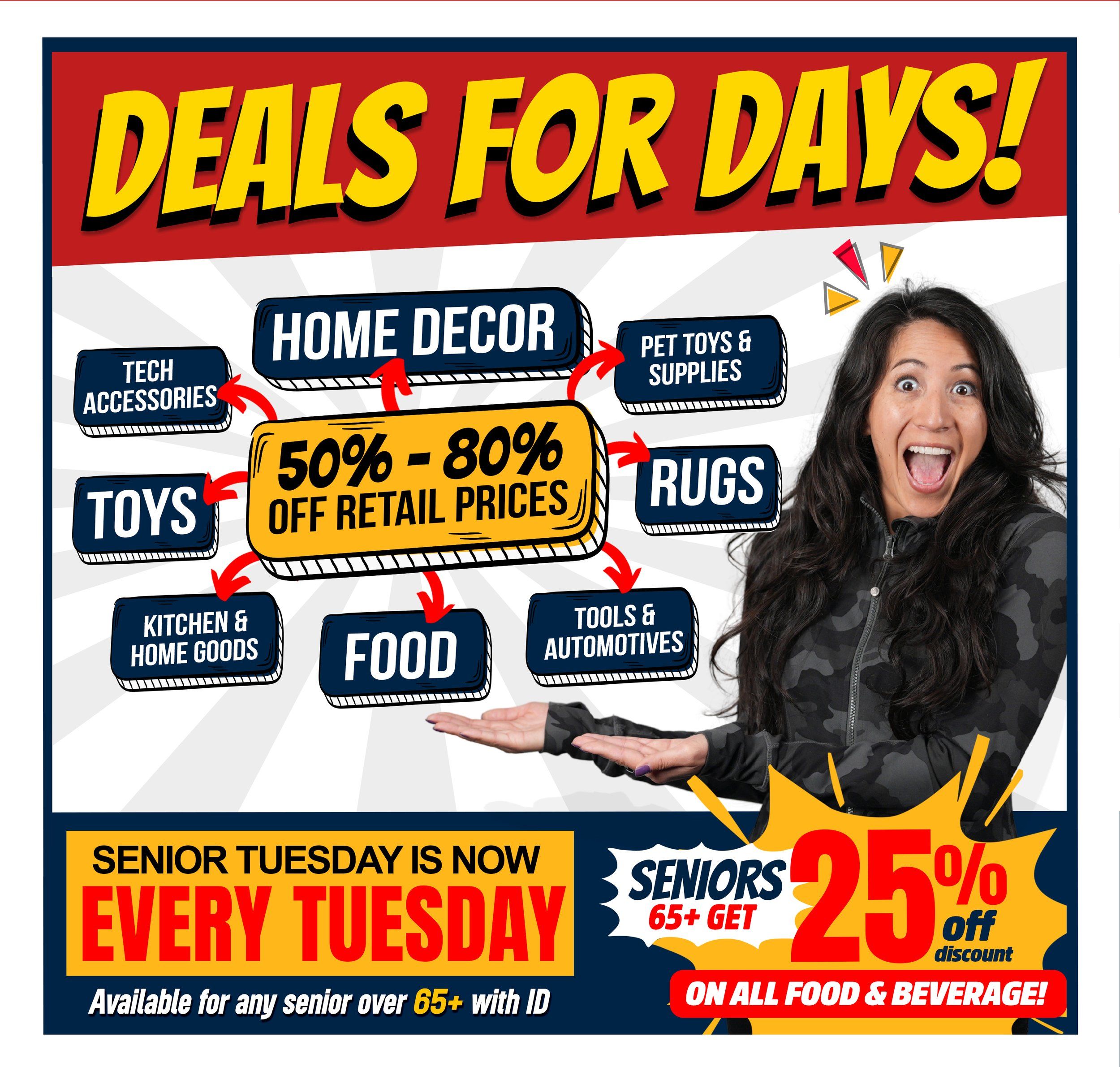 Bianca Amor's Liquidation Supercentre flyer page featuring 'Deals for Days!' with discounts ranging from 50% to 80% off retail prices on various categories including Home Decor, Pet Toys & Supplies, Rugs, Tools & Automotives, Food, Kitchen & Home Goods, and Toys. Additionally, Senior Tuesday offers 25% off all food and beverages for individuals aged 65 and over with ID, available every Tuesday.