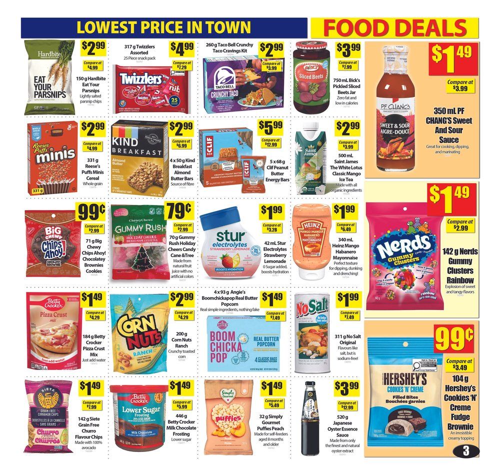 Bianca Amor's Liquidation Supercentre flyer specials page 3 features a 'Lowest Price in Town' and 'Food Deals' section. Top row deals include 317 g Twizzlers Assorted for $2.99, 260 g Taco Bell Crunchy Taco Cravings Kit for $4.99, 750 mL Blk's Pickled Sliced Beets for $3.99, and 350 mL PF Chang's Sweet and Sour Sauce for $1.49. Second row deals showcase 331 g Reese's Puffs Minis Cereal for $2.99, 4 x 50 g Kind Breakfast Almond Butter Bars for $2.99, 5 x 68 g Clif Peanut Butter Energy Bars for $5.99, and 500 mL Saint James The White Lotus Classic Mango Ice Tea for $2.99. The third row highlights 71 g Big Chewy Chips Ahoy! Chocolatey Brownies Cookies for 99¢, 70 g Gummy Rush Holiday Cheers Candy & Tree for 79¢, 42 mL Stur Electrolytes Strawberry Lemonade for $1.99, and 340 mL Heinz Mango Habanero Mayonnaise for $1.99. The bottom row features 184 g Betty Crocker Pizza Crust Mix for $1.49, 200 g Corn Nuts Ranch Crunchy Toasted Corn for $2.99, 4 x 93 g Angie's Boomchickapop Real Butter Popcorn for $1.49, 311 g No Salt Original Flavours like Salt for 99¢, 142 g Siete Churro Flavour Chips for $1.49, 446 g Betty Crocker Milk Chocolate Frosting for $1.49, 32 g Simply Gourmet Puffies Peach for $1.49, and 104 g Hershey's Cookies 'n' Creme Fudge Brownie for $3.99.