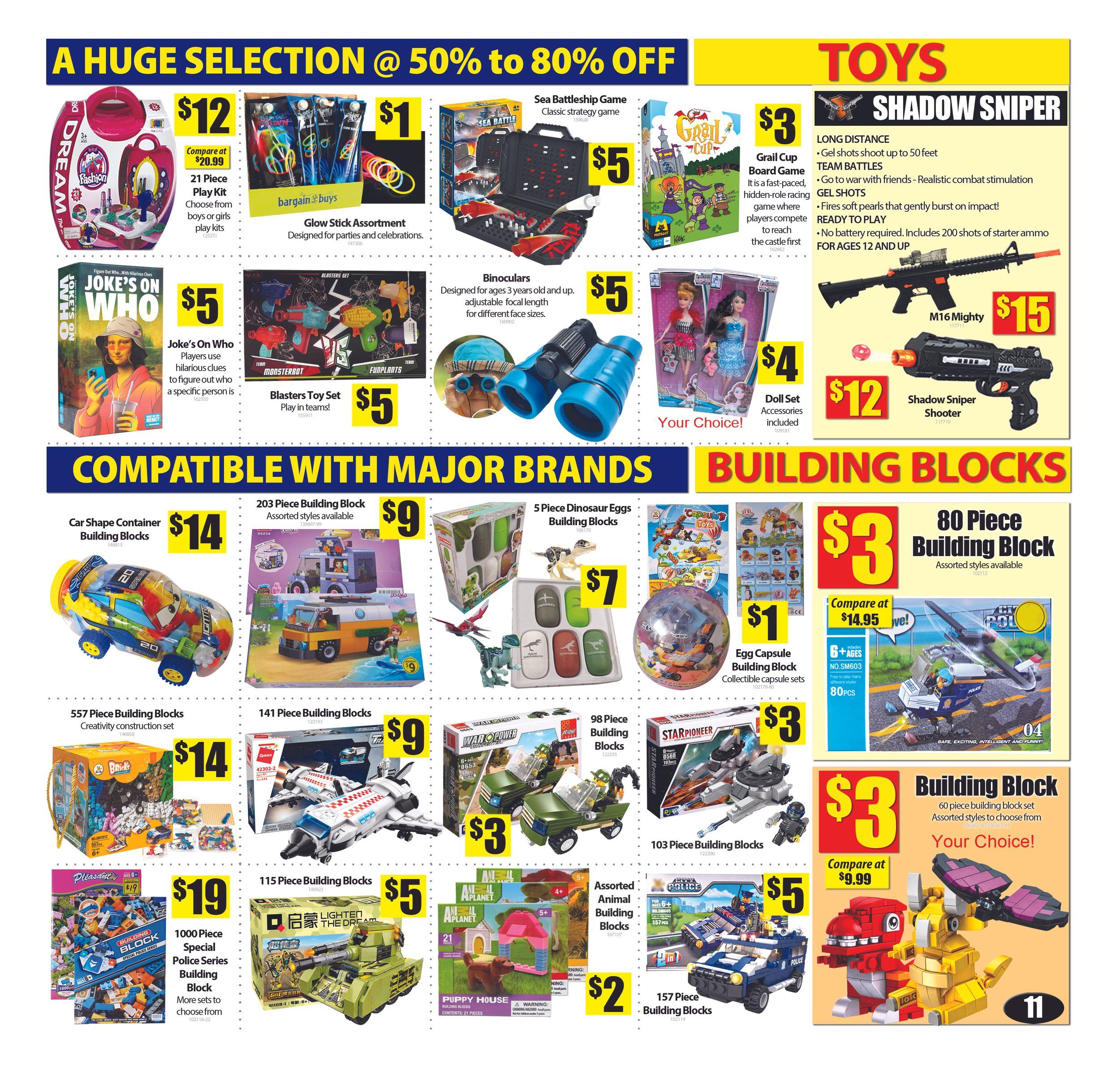 Bianca Amor's Liquidation Supercentre flyer page 11 features a huge selection of toys at 50% to 80% off. Top deals include a $12 21 Piece Play Kit, $1 Glow Stick Assortment, $5 Sea Battleship Game, $3 Grail Cup Board Game, and a $4 Doll Set Accessories. The Shadow Sniper line includes an M16 Mighty for $15 and a Shadow Sniper Shooter for $12. Building blocks are compatible with major brands, with options like a $14 Car Shape Container Building Blocks, $9 203 Piece Building Block sets, $7 5 Piece Dinosaur Eggs Building Blocks, $1 Egg Capsule Building Block sets, $3 80 Piece Building Block sets, $14 557 Piece Building Blocks, $9 141 Piece Building Blocks, $3 98 Piece Building Blocks, $3 103 Piece Building Blocks, $19 1000 Piece Special Police Series Building Block set, $5 115 Piece Building Blocks, $2 Assorted Animal Building Blocks, and a $5 157 Piece Building Blocks.