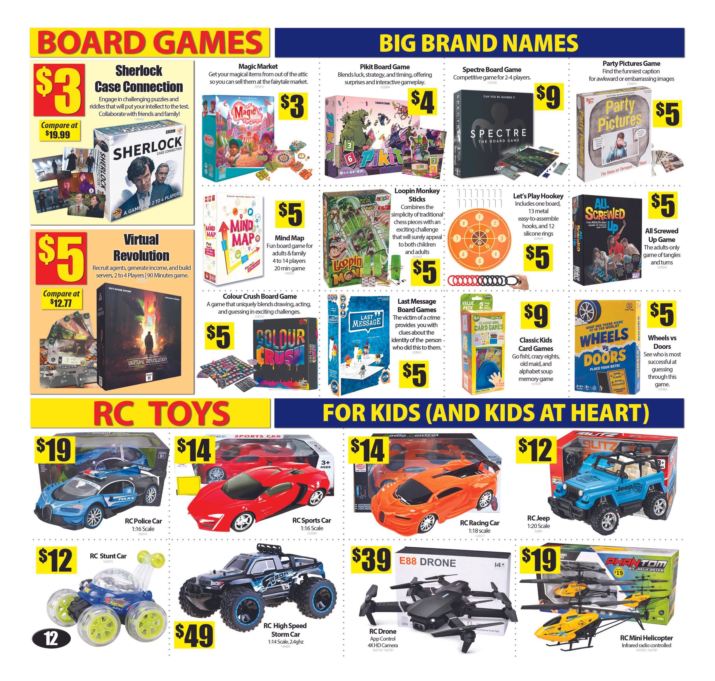 Bianca Amor's Liquidation Supercentre flyer page 12 features a 'Board Games' section with Sherlock Case Connection for $3 (compare at $19.99), Magic Market for $3, Pikit Board Game for $4, Spectre Board Game for $9, Party Pictures Game for $5, Virtual Revolution for $5 (compare at $12.77), Mind Map board game for $5, Loopin Monkey Sticks for $5, Let's Play Hookey game for $5, All Screwed Up Game for $5, Classic Kids Card Games for $9, and Wheels vs Doors for $5. The 'RC Toys for Kids (and Kids at Heart)' section includes RC Police Car for $19, RC Sports Car for $14, RC Racing Car for $14, RC Jeep for $12, RC Stunt Car for $12, RC High Speed Storm Car for $49, RC Drone App Control 4K HD Camera for $39, and RC Mini Helicopter for $19.