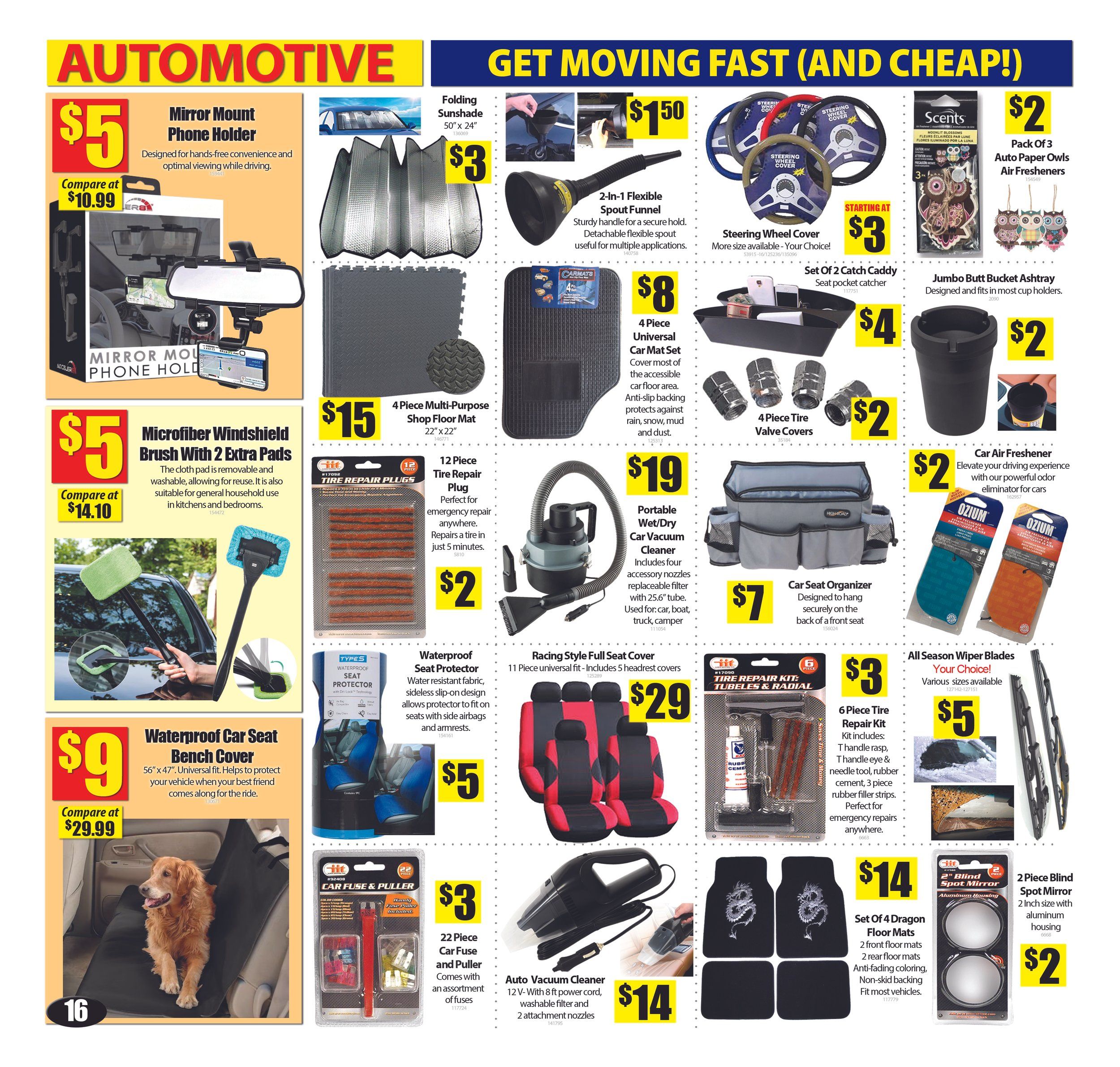 Bianca Amor's Liquidation Supercentre Automotive specials page featuring a Mirror Mount Phone Holder for $5, originally $10.99. Also available is a Microfiber Windshield Brush with 2 extra pads for $5, compare at $14.10. A Waterproof Car Seat Bench Cover (56' x 47') is on sale for $9, compare at $29.99. Other automotive deals include a Folding Sunshade for $3, a 2-in-1 Flexible Spout Funnel for $1.50, a Steering Wheel Cover starting at $3, a 4 Piece Multi-Purpose Shop Floor Mat for $15, a 12 Piece Tire Repair Plug kit for $2, a Portable Wet/Dry Car Vacuum Cleaner for $19, a 4 Piece Universal Car Mat Set for $8, a Car Seat Organizer for $7, a 6 Piece Tire Repair Kit for $3, All Season Wiper Blades for $5, a Racing Style Full Seat Cover (11 piece universal fit) for $29, a 22 Piece Car Fuse and Puller set for $3, an Auto Vacuum Cleaner for $14, a Set of 4 Dragon Floor Mats for $14, and 2 Piece Blind Spot Mirrors for $2. The page also features Pack of 3 Auto Paper Owls Air Fresheners for $2, Jumbo Butt Bucket Ashtrays for $2, and Car Air Fresheners for $2.