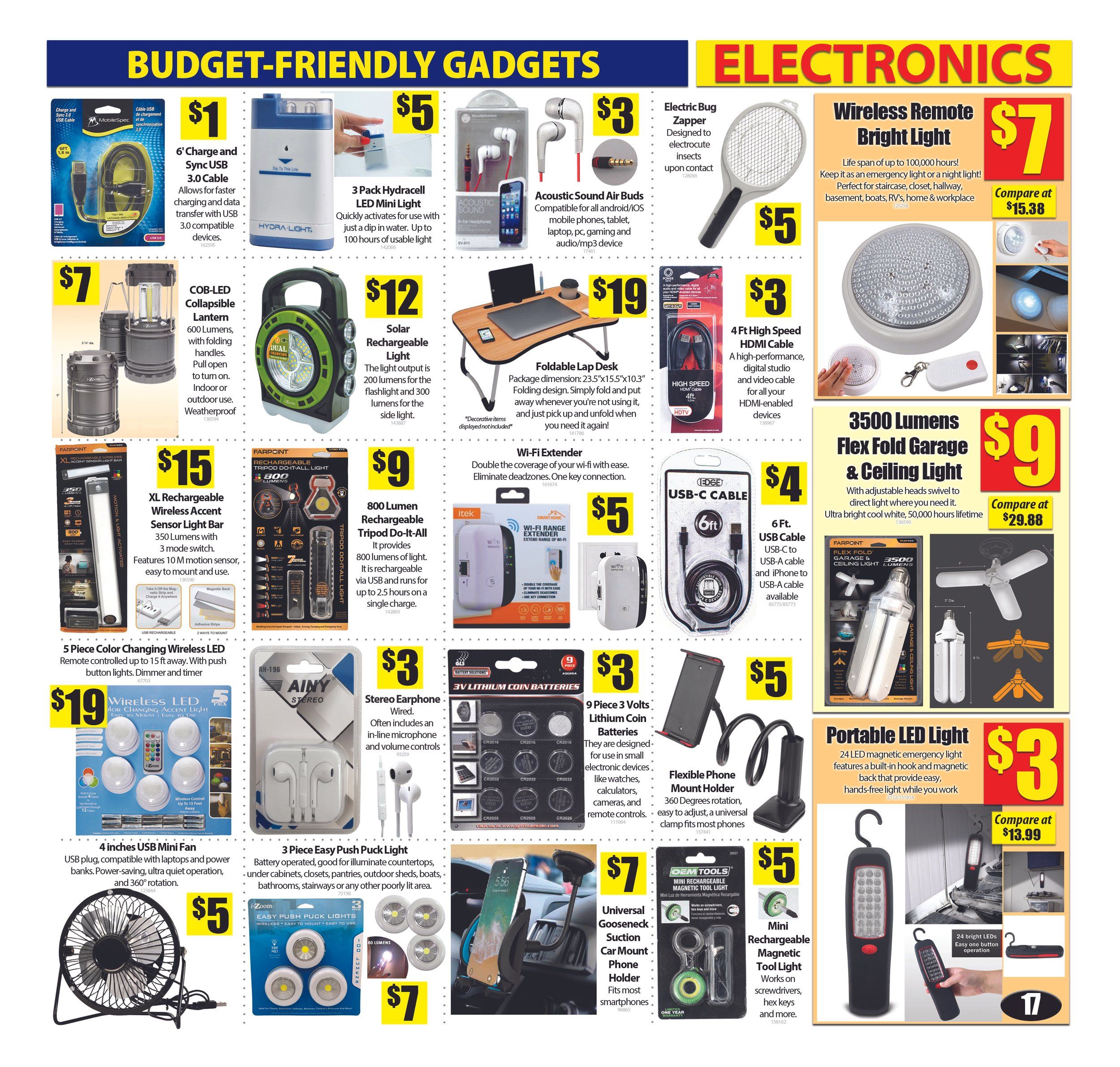 Bianca Amor's Liquidation Supercentre flyer page featuring Budget-Friendly Gadgets and Electronics. Deals include a $1 6' Charge and Sync USB 3.0 Cable, a $5 3 Pack Hydracell LED Mini Light, and $3 Acoustic Sound Air Buds. Also available are a $5 Electric Bug Zapper, a $7 COB-LED Collapsible Lantern, and a $12 Solar Rechargeable Light. Other electronics include a $19 Foldable Lap Desk, a $5 4 Ft. High Speed HDMI Cable, and a $4 6 Ft. USB-C Cable. Lighting options feature a $15 XL Rechargeable Wireless Accent Sensor Light Bar, a $9 800 Lumen Rechargeable Tripod Do-It-All Light, and a $19 5 Piece Color Changing Wireless LED Remote controlled light set. A $3 Stereo Earphone is also featured. Powering devices are $3 9 Piece 3 Volts Lithium Coin Batteries. For convenience, find a $5 Flexible Phone Mount Holder and a $7 Universal Gooseneck Suction Car Mount Phone Holder. A $5 Mini Rechargeable Magnetic Tool Light and a $3 Portable LED Light with 24 bright LEDs are also on sale. The page also highlights a $9 3500 Lumens Flex Fold Garage & Ceiling Light, comparing at $29.88.