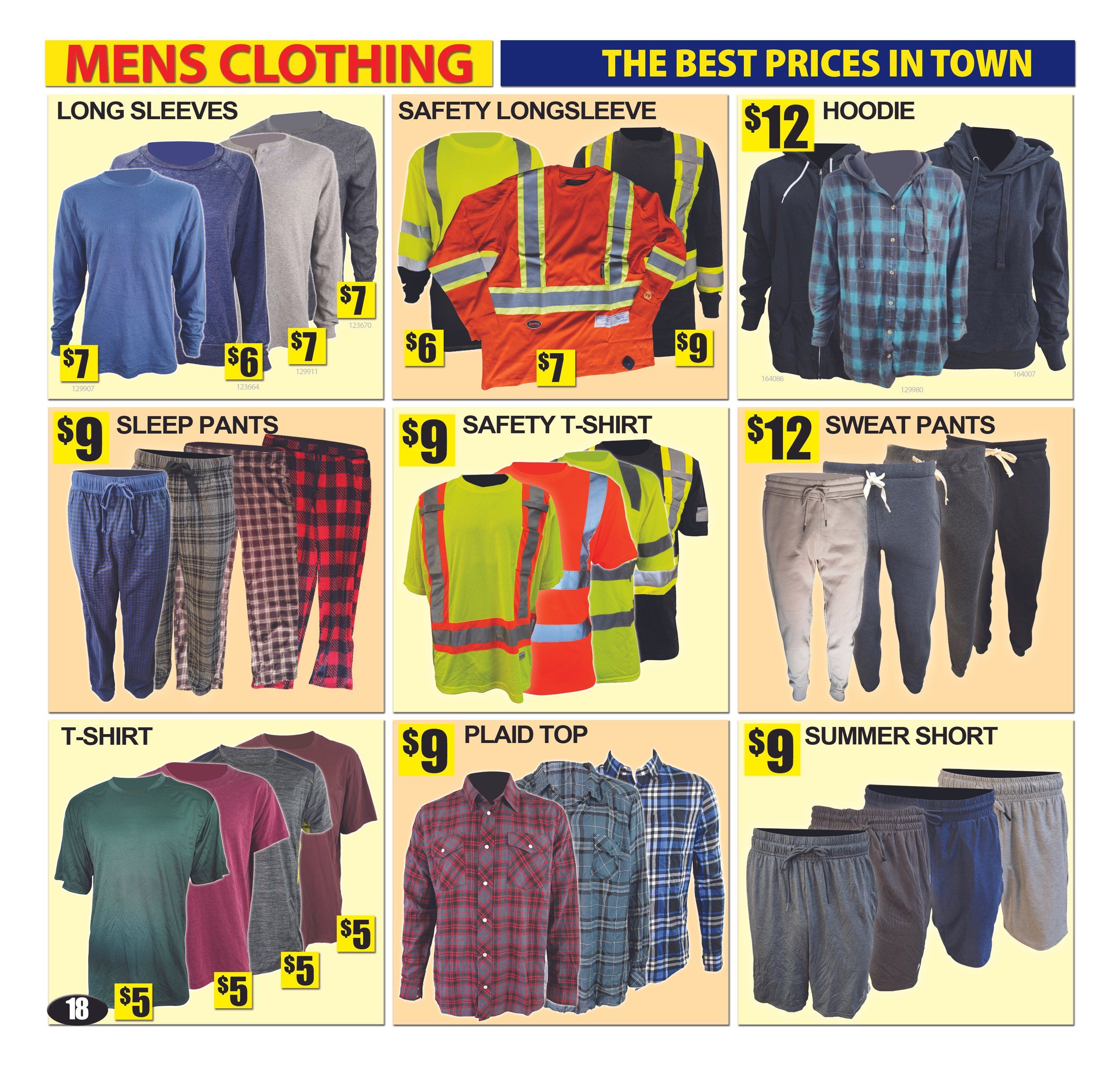 Bianca Amor's Liquidation Supercentre flyer page 18 features men's clothing with the best prices in town. Items include Long Sleeves shirts priced at $7, $6, and $7. Safety Longsleeve shirts are available for $6, $7, and $9. Hoodies are on sale for $12. Sleep Pants are $9. Safety T-Shirts are $9. Sweat Pants are $12. T-Shirts are $5. Plaid Tops are $9. Summer Shorts are $9.