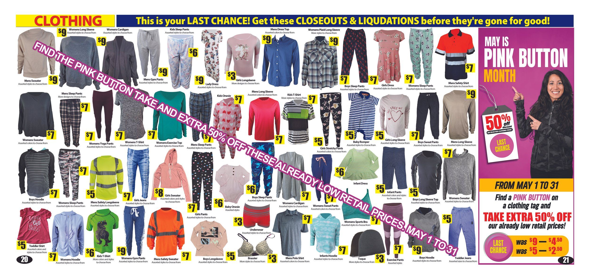 Bianca Amor's Liquidation Supercentre flyer page 20 features a wide selection of clothing closeouts and liquidations. Highlights include Mens Sweater for $9, Womens Long Sleeve for $9, Womens Cardigan for $9, Mens Gym Pants for $9, Kids Sleep Pants for $6, Womens Plaid Long Sleeve for $9, Mens Dress Top for $9, Boys Sleep Pants for $7, Girls Dress for $7, Womens Sleep Pants for $7, Womens Exercise Top for $7, Mens Safety Shirt for $7, Girls Long Sleeve for $5, Baby Romper for $5, Girls Stretchy Pants for $5, Infant Dress for $6, Boys Long Sleeve Top for $5, Womens Sweater for $7, Boys Hoodie for $7, Womens Sleep Pants for $7, Girls Pants for $7, Mens Safety Longsleeve for $5, Girls Jeans for $7, Girls Sweater for $8, Underwear for $3, Brassier for $3, Mens Polo Shirt for $3, Womens Hoodie for $7, Kids T-Shirt for $6, Mens Gym Pants for $7, Mens Safety Sweater for $7, Boys Longsleeve for $5, Womens Sports Bra for $7, Infants Hoodie for $7, Toque for $3, Exercise Pants for $9, and Toddler Jeans for $9. The page also promotes 'May is Pink Button Month' with an extra 50% off selected clothing items with a pink button tag. Special pricing examples include items originally $9 now $4.50 and items originally $5 now $2.50. The sale runs from May 1 to May 31.