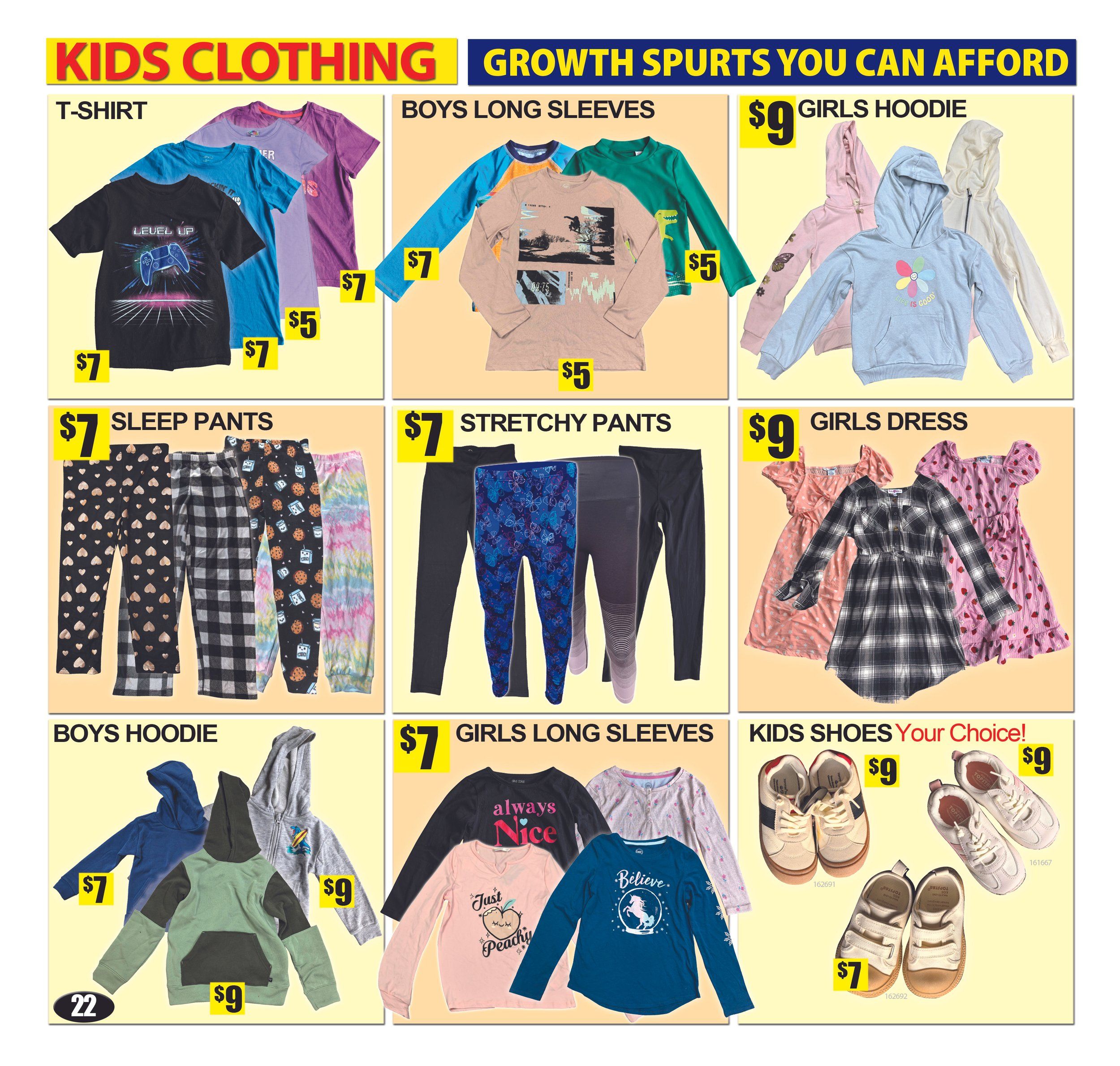 Bianca Amor's Liquidation Supercentre flyer, page 21, featuring Kids Clothing with the headline 'Growth Spurts You Can Afford'. Offers include T-shirts for $7, Boys Long Sleeve shirts starting at $5, and Girls Hoodies for $9. Also available are Sleep Pants for $7, Stretchy Pants for $7, and Girls Dresses for $9. Boys Hoodies are priced at $7 and $9. Girls Long Sleeve shirts are $7. Kids Shoes are available for your choice, with some pairs priced at $9 and others at $7.