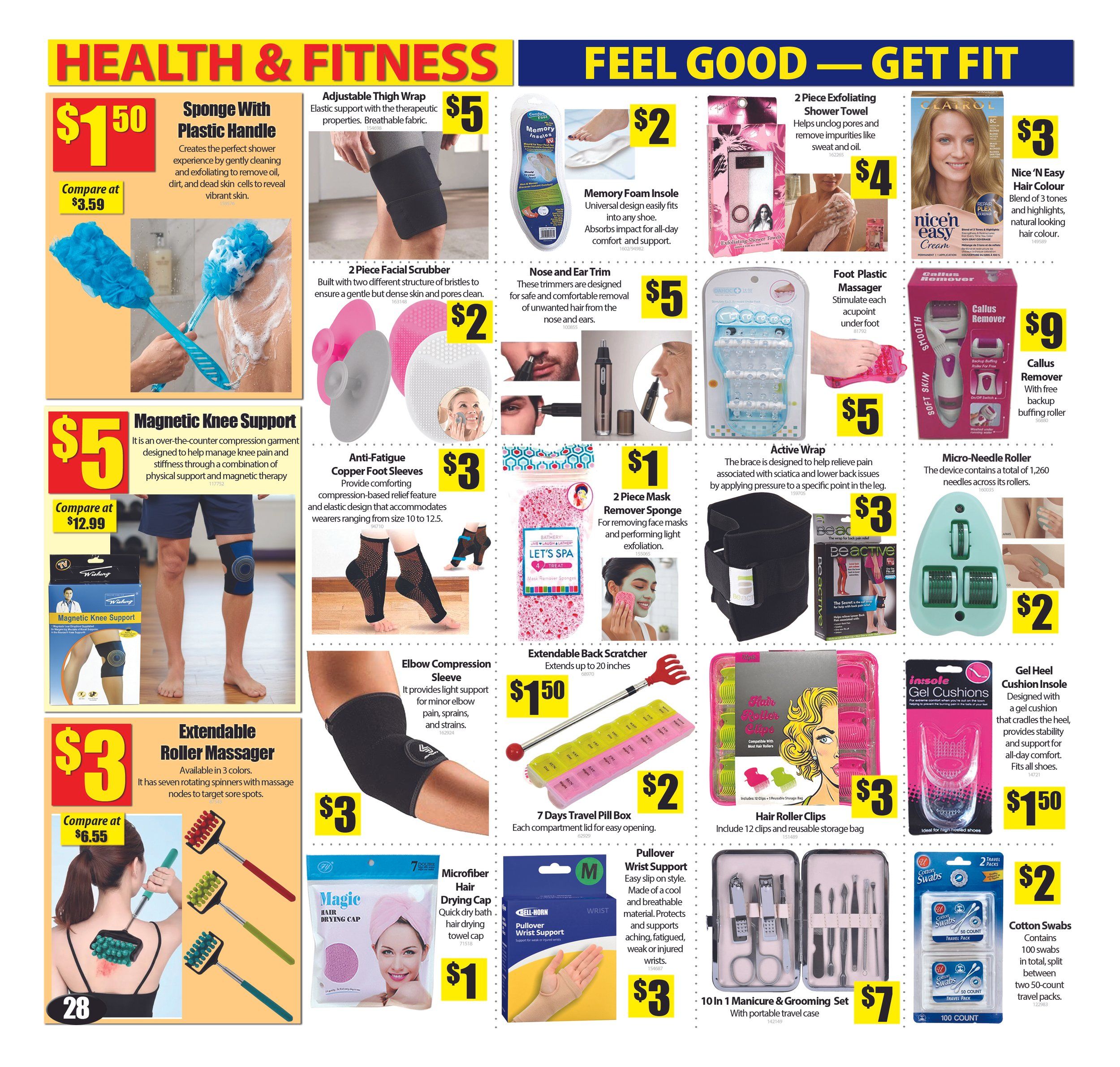Bianca Amor's Liquidation Supercentre Health & Fitness flyer page featuring a variety of personal care and wellness products. Items include a Sponge With Plastic Handle for $1.50 (compare at $3.59), Adjustable Thigh Wrap for $5, Memory Foam Insole for $2, 2 Piece Exfoliating Shower Towel for $4, and Nice 'n Easy Hair Colour for $3. Also available are a 2 Piece Facial Scrubber for $2, Nose and Ear Trim for $5, Foot Plastic Massager for $5, Callus Remover with free backup buffing roller for $9, and Micro-Needle Roller for $2. Other deals are Magnetic Knee Support for $5 (compare at $12.99), Anti-Fatigue Copper Foot Sleeves for $3, Active Wrap for $3, Gel Heel Cushion Insole for $1.50, Elbow Compression Sleeve for $3, Extendable Back Scratcher for $1.50, 7 Days Travel Pill Box for $2, Pullover Wrist Support for $3, Extendable Roller Massager in 3 colours for $3 (compare at $6.55), Microfiber Hair Drying Cap for $1, Hair Roller Clips for $3, and a 10 In 1 Manicure & Grooming Set with travel case for $7. Cotton Swabs in a 100 count travel pack are $2.