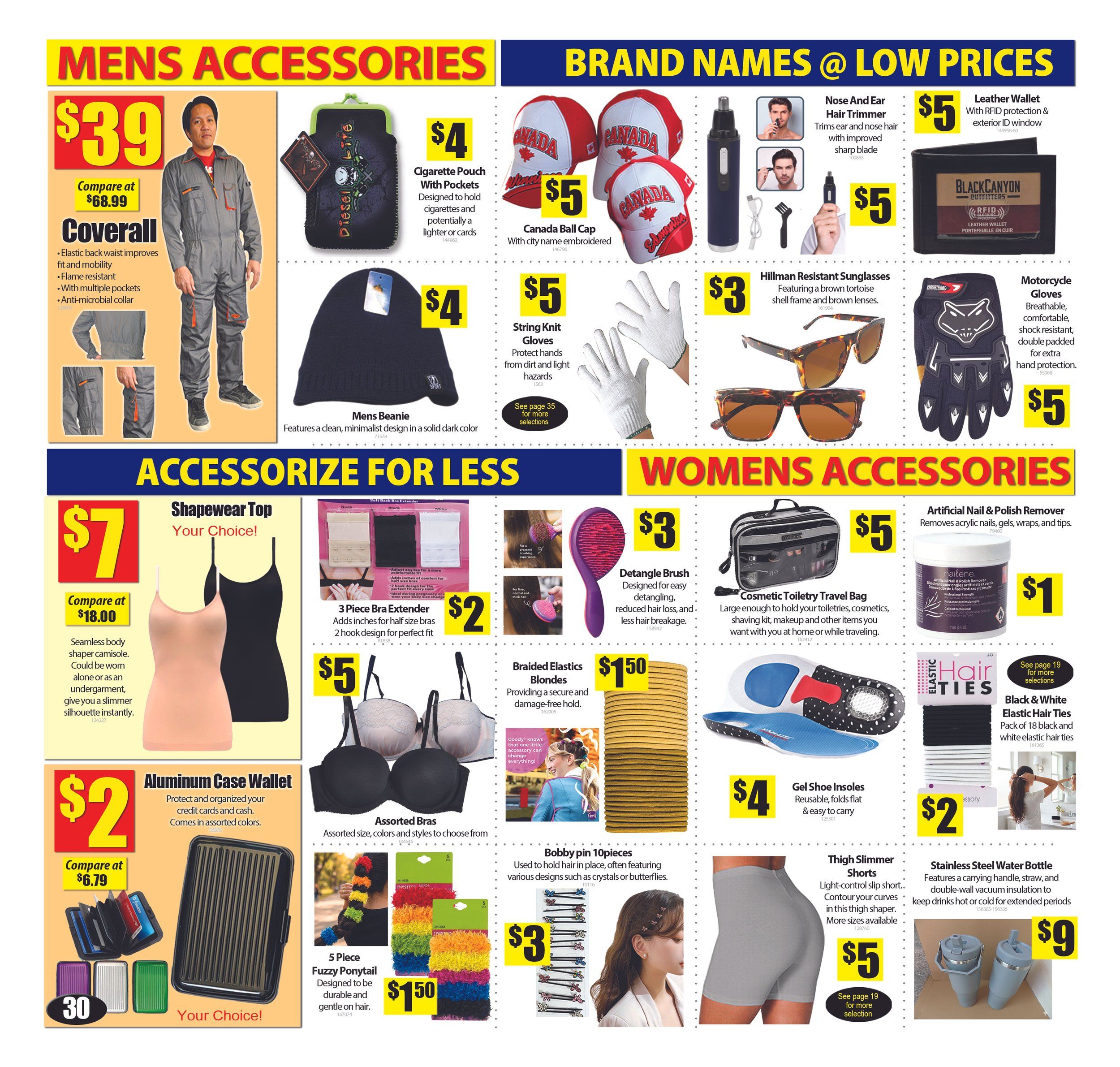 Bianca Amor's Liquidation Supercentre flyer, page 29, featuring men's and women's accessories. Men's accessories include a Coverall for $39 (compare at $68.99) with elastic back waist, flame resistance, multiple pockets, and anti-microbial collar. Also available are a Cigarette Pouch with pockets for $4, a dark solid colour Men's Beanie for $4, two Canada Ball Caps with embroidered city names for $5, String Knit Gloves for $5, a Nose and Ear Hair Trimmer for $5, a Black Canyon Leather Wallet with RFID protection and exterior ID window for $5, Hillman Resistant Sunglasses with brown tortoise shell frame and brown lenses for $3, and Motorcycle Gloves with breathable, comfortable, shock resistant, and double padded design for $5. Women's accessories include a Shapewear Top (Your Choice!) for $7 (compare at $18.00) that offers a seamless body, could be worn alone or as an undergarment for a slimmer silhouette. Other women's items are a 3 Piece Bra Extender for $2, a Detangle Brush for $3, Cosmetic Toiletry Travel Bag for $5, Artificial Nail & Polish Remover for $1, Braided Elastics Blondes for $1.50, Bobby pin 10 pieces with crystal or butterfly designs for $3, Black & White Elastic Hair Ties pack of 18 for $2, Gel Shoe Insoles for $4, Thigh Slimmer Shorts for $5 (see page 19 for more selection), and a Stainless Steel Water Bottle with carrying handle, straw, and double-wall vacuum insulation for $9. An Aluminum Case Wallet for $2 (compare at $6.79) is also featured, available in assorted colours. A 5 Piece Fuzzy Ponytail set is available for $1.50.
