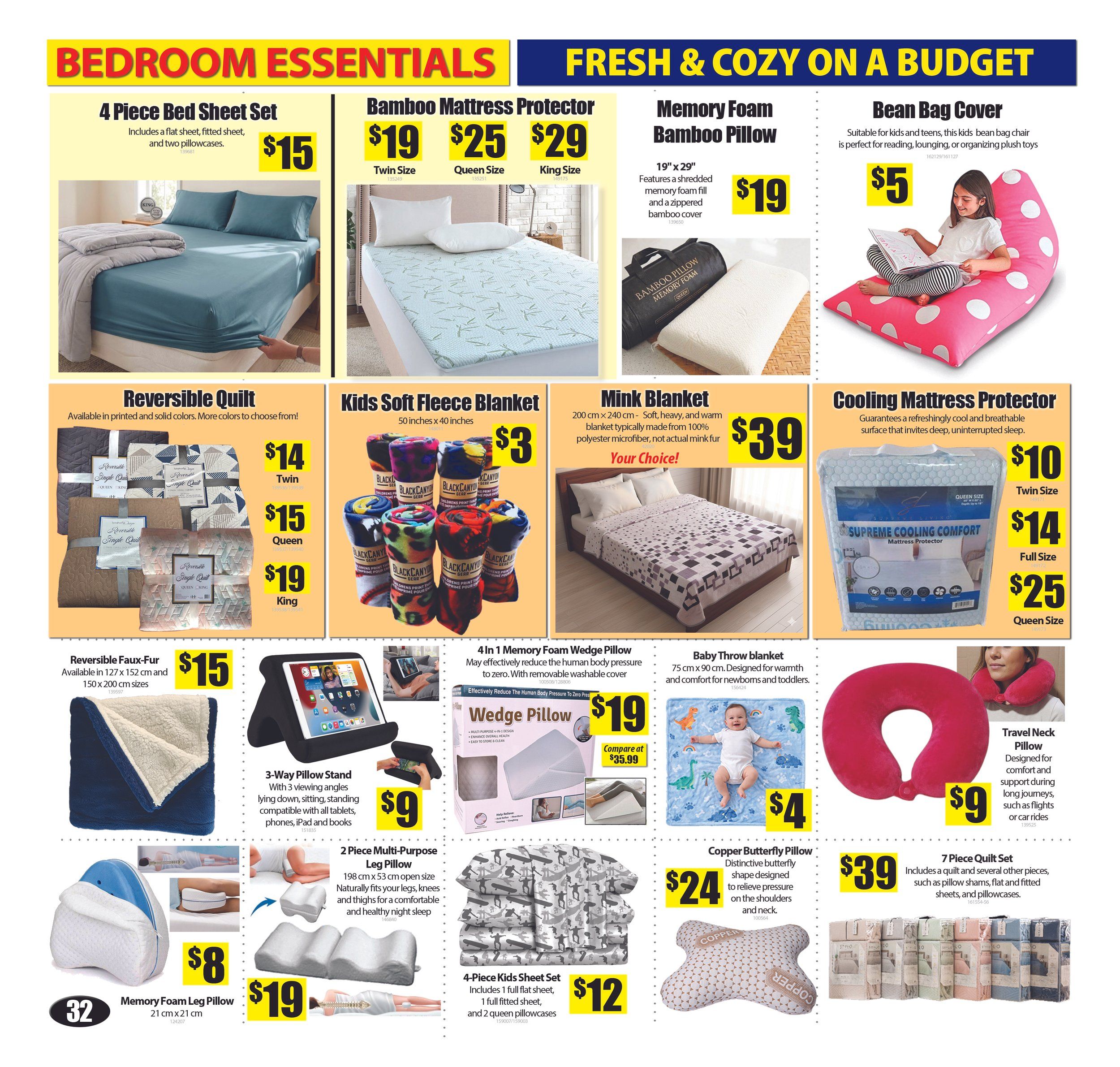 Bianca Amor's Liquidation Supercentre flyer page 31 features bedroom essentials and fresh & cozy items. Offers include a 4 Piece Bed Sheet Set for $15, Bamboo Mattress Protectors starting at $19 for Twin Size, $25 for Queen Size, and $29 for King Size. A Memory Foam Bamboo Pillow is available for $19. The Bean Bag Cover is priced at $5. Also featured are Reversible Quilts in Twin for $14, Queen for $15, and King for $19. Kids Soft Fleece Blankets are $3, and Mink Blankets are $39. Cooling Mattress Protectors are $10 for Twin Size, $14 for Full Size, and $25 for Queen Size. Additional items include a Reversible Faux-Fur Blanket for $15, a 3-Way Pillow Stand for $9, a 4 In 1 Memory Foam Wedge Pillow for $19 (compare at $35.99), a Baby Throw Blanket for $4, a Memory Foam Leg Pillow for $8, a 2 Piece Multi-Purpose Leg Pillow for $19, a 4-Piece Kids Sheet Set for $12, a Copper Butterfly Pillow for $24, and a 7 Piece Quilt Set for $39.