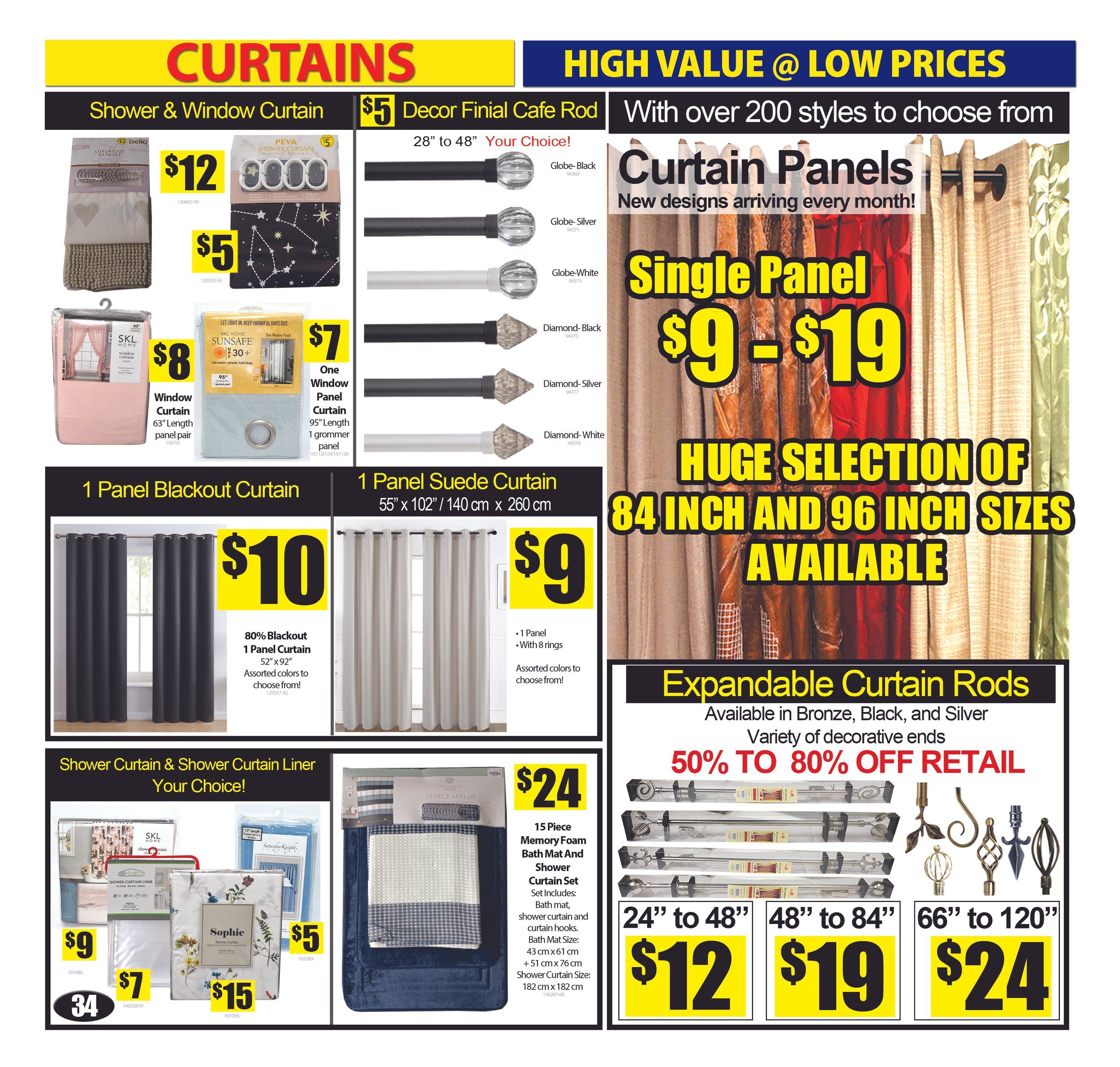 Bianca Amor's Liquidation Supercentre flyer specials page 33 features a wide selection of curtains and accessories. Highlighted are Shower & Window Curtains, including a Bella Luxurious Curtain Set for $12, PEVA Shower Curtain Rings for $5, and a Starry Night Shower Curtain for $5. Also available are SKL Home Window Curtains, 63' length panel pair for $8, and SUNSAFE One Window Panels, 95' length, 1 grommet panel for $7. Explore single panel curtains with new designs arriving monthly, priced from $9 to $19, in 84 inch and 96 inch sizes. Find 1 Panel Blackout Curtains in 52' x 92' for $10, available in assorted colours. A 1 Panel Suede Curtain, 55' x 102' / 140 cm x 260 cm, is available for $9. The page also showcases Shower Curtain & Shower Curtain Liner options, including a 15 Piece Memory Foam Bath Mat and Shower Curtain Set for $24, a Sophie Shower Curtain for $15, and a shower curtain liner for $7. Expandable Curtain Rods are available in Bronze, Black, and Silver with decorative ends, offering 50% to 80% off retail. Sizes include 24' to 48' for $12, 48' to 84' for $19, and 66' to 120' for $24. A Decor Finial Cafe Rod, 28' to 48', is available for $5 in various styles like Globe and Diamond.