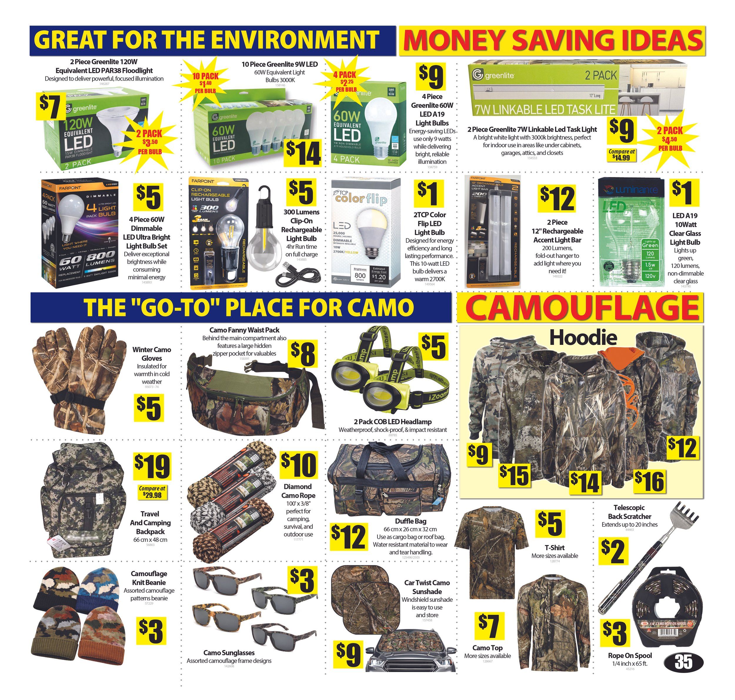Bianca Amor's Liquidation Supercentre flyer specials page 34 features 'Great for the Environment, Money Saving Ideas' with various LED light bulbs including 2-pack Greenlite 120W Equivalent LED PAR38 Floodlight for $7, 10-pack Greenlite 9W LED 60W Equivalent Light Bulbs 3000K for $14, 4-pack Greenlite 60W LED A19 Light Bulbs for $9, and 2-pack Greenlite 7W Linkable LED Task Lite for $9. Also available are 4-pack 60W Dimmable LED Ultra Bright Light Bulb Set for $5, 300 Lumens Clip-On Rechargeable Light Bulb for $5, 2TCP Color Flip LED Light Bulb for $1, and 2-pack 12' Rechargeable Accent Light Bar for $12. The page also highlights 'The 'Go-To' Place for Camo' with Winter Camo Gloves for $5, Camo Fanny Waist Pack for $8, 2-pack COB LED Headlamp for $5, Camouflage Knit Beanie for $3, Camo Sunglasses for $3, Diamond Camo Rope 100' x 3/8' for $10, Duffle Bag for $12, Car Twist Camo Sunshade for $9, and Camouflage Hoodie starting at $9, with prices up to $16 for other styles. Additional camo items include a Travel And Camping Backpack for $19, Camo Tops for $7, and a Telescopic Back Scratcher for $2. A Rope On Spool 1/4 inch x 65 ft. is available for $3.
