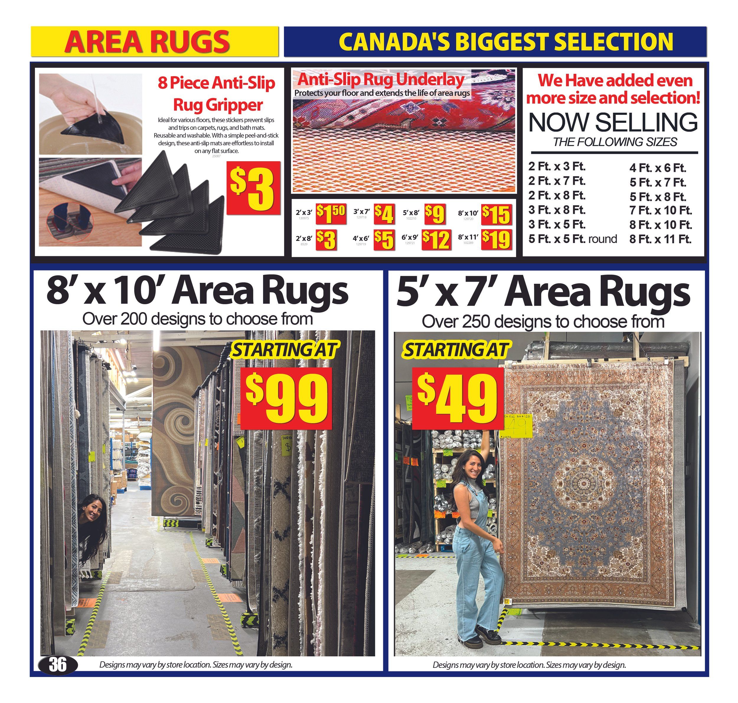 Bianca Amor's Liquidation Supercentre flyer page 35 features a wide selection of area rugs and rug accessories. The page highlights an 8 Piece Anti-Slip Rug Gripper for $3, ideal for preventing slips on various floor types. It also showcases Anti-Slip Rug Underlay with various sizes and prices, including 2'x3' for $1.50, 3'x7' for $4, 5'x8' for $9, 8'x10' for $15, 2'x8' for $3, 4'x6' for $5, 6'x9' for $12, and 8'x11' for $19. The flyer announces 'Canada's Biggest Selection' of area rugs, with 8' x 10' rugs starting at $99 and over 200 designs to choose from, and 5' x 7' rugs starting at $49 with over 250 designs available. A list of 'Now Selling' rug sizes is also provided, including 2 Ft. x 3 Ft. up to 8 Ft. x 11 Ft., and 5 Ft. x 5 Ft. round. round. round. Designs and sizes may vary by store location.