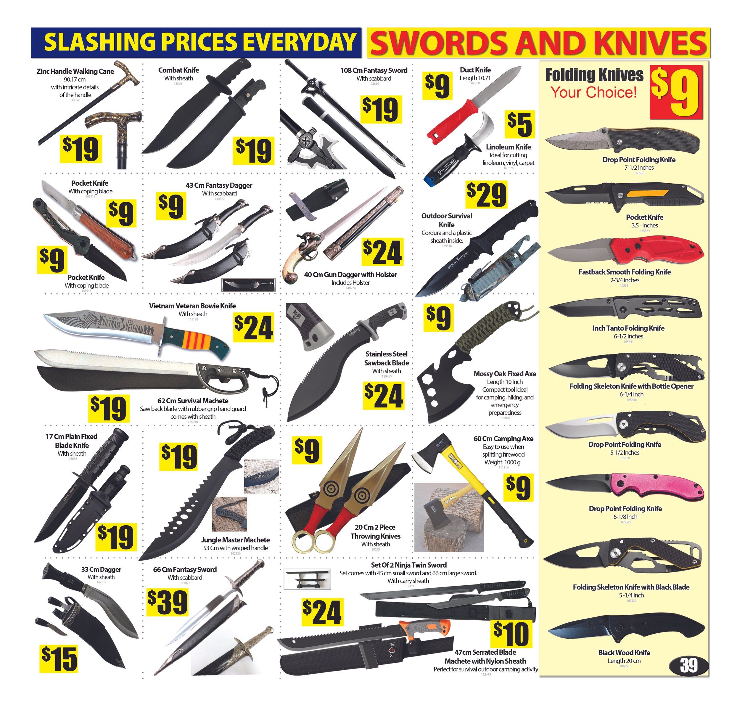 Bianca Amor's Liquidation Supercentre flyer page 38 features a wide selection of swords and knives with slashing prices. Featured items include a Zinc Handle Walking Cane for $19, Combat Knife with sheath for $19, 108 Cm Fantasy Sword with scabbard for $19, and a Duct Knife for $9. Also available are a Linoleum Knife for $5, Outdoor Survival Knife for $29, and a 40 Cm Gun Dagger with Holster for $24. Folding knives are on special for $9, including the Drop Point Folding Knife (7-1/2 inches), Pocket Knife (3.5 inches), Fastback Smooth Folding Knife (2-3/4 inches), Inch Tanto Folding Knife (6-1/2 inches), Folding Skeleton Knife with Bottle Opener (6-1/4 inches), and a Drop Point Folding Knife (5-1/2 inches). Other knives include a 33 Cm Dagger with sheath for $15, and a 66 Cm Fantasy Sword with scabbard for $39. Larger blades and tools are also featured: a 17 Cm Plain Fixed Blade Knife with sheath for $19, Jungle Master Machete (53 cm with wrapped handle) for $19, Vietnam Veteran Bowie Knife with sheath for $24, Stainless Steel Sawback Blade with sheath for $24, 20 Cm 2 Piece Throwing Knives with sheath for $9, Mossy Oak Fixed Axe (10 inch) for $9, 60 Cm Camping Axe for $9, Set of 2 Ninja Twin Swords with carry sheath for $24, and a 47cm Serrated Blade Machete with Nylon Sheath for $10. A Black Wood Knife (20 cm) is also shown.