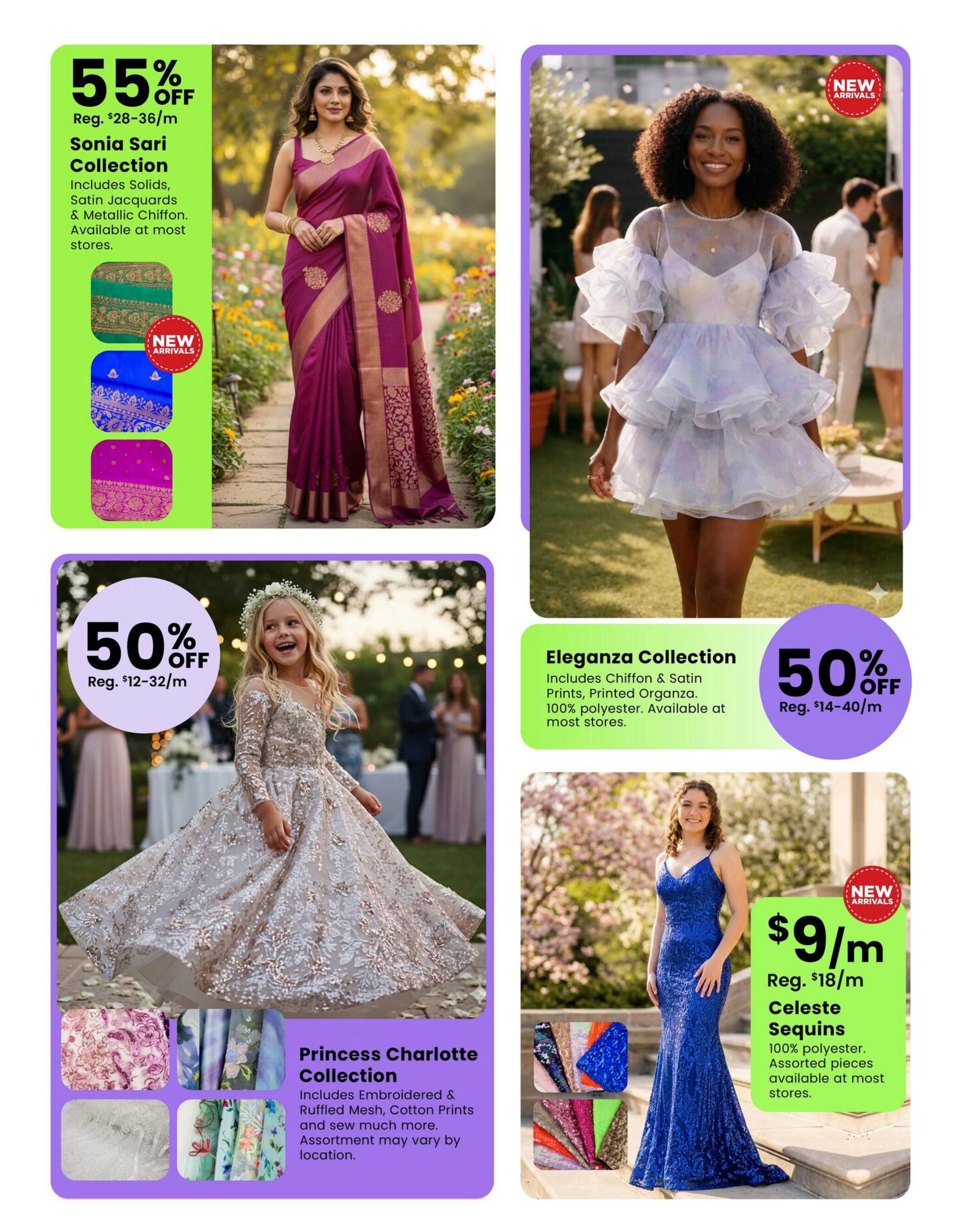 Fabricland flyer page 3 features several special offers on fabric collections. The Sonia Sari Collection is 55% off, with regular prices from $28-$36/m, including solids, satin jacquards, and metallic chiffon. The Eleganza Collection, made of 100% polyester chiffon and satin prints, is 50% off, priced at $14-$40/m. The Princess Charlotte Collection includes embroidered and ruffled mesh, cotton prints, and more, with assortment varying by location. Additionally, the Celeste Sequins, made of 100% polyester, are a new arrival at $9/m, with regular prices of $18/m, and assorted pieces available at most stores.