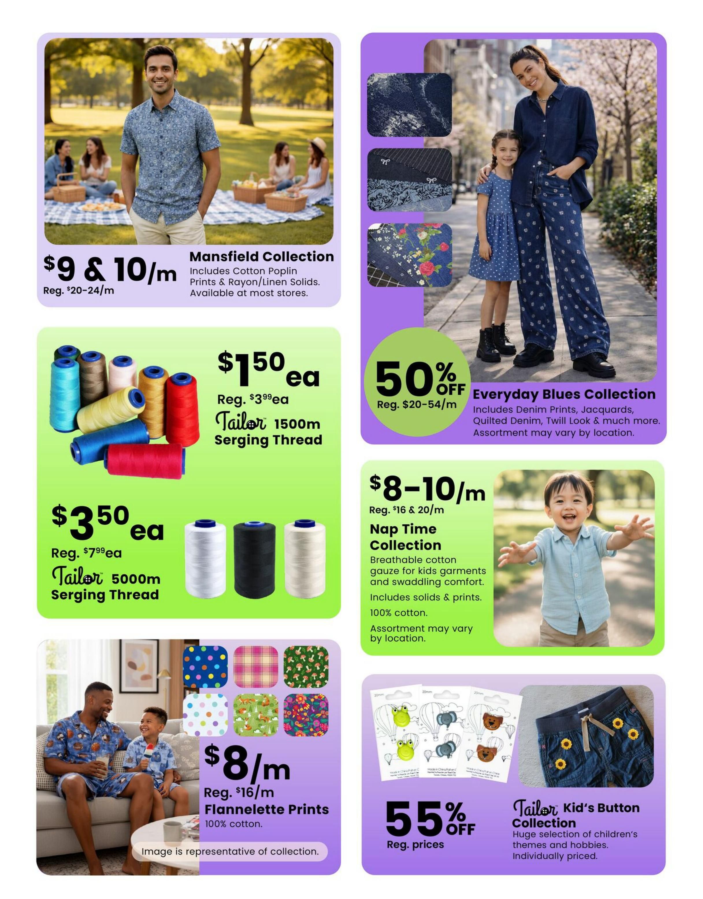 Fabricland flyer page 7 featuring various fabric and sewing supplies. The Mansfield Collection of Cotton Poplin Prints and Rayon/Linen Solids is available for $9 and $10 per metre, regularly $20-$24/m. Everyday Blues Collection, including Denim Prints, Jacquards, and Quilted Denim, is 50% off, with regular prices from $20-$54/m. Tailor 1500m Serging Thread is $1.50 each, down from $3.99 each. Tailor 5000m Serging Thread is $3.50 each, down from $7.99 each. The Nap Time Collection of breathable cotton gauze for kids' garments and swaddling comfort, including solids and prints, is $8-$10 per metre, regularly $16-$20/m. Flannelette Prints, 100% cotton, are $8 per metre, regularly $16/m. The Tailor Kid's Button Collection, featuring a huge selection of children's themes and hobbies, is 55% off regular prices and individually priced.