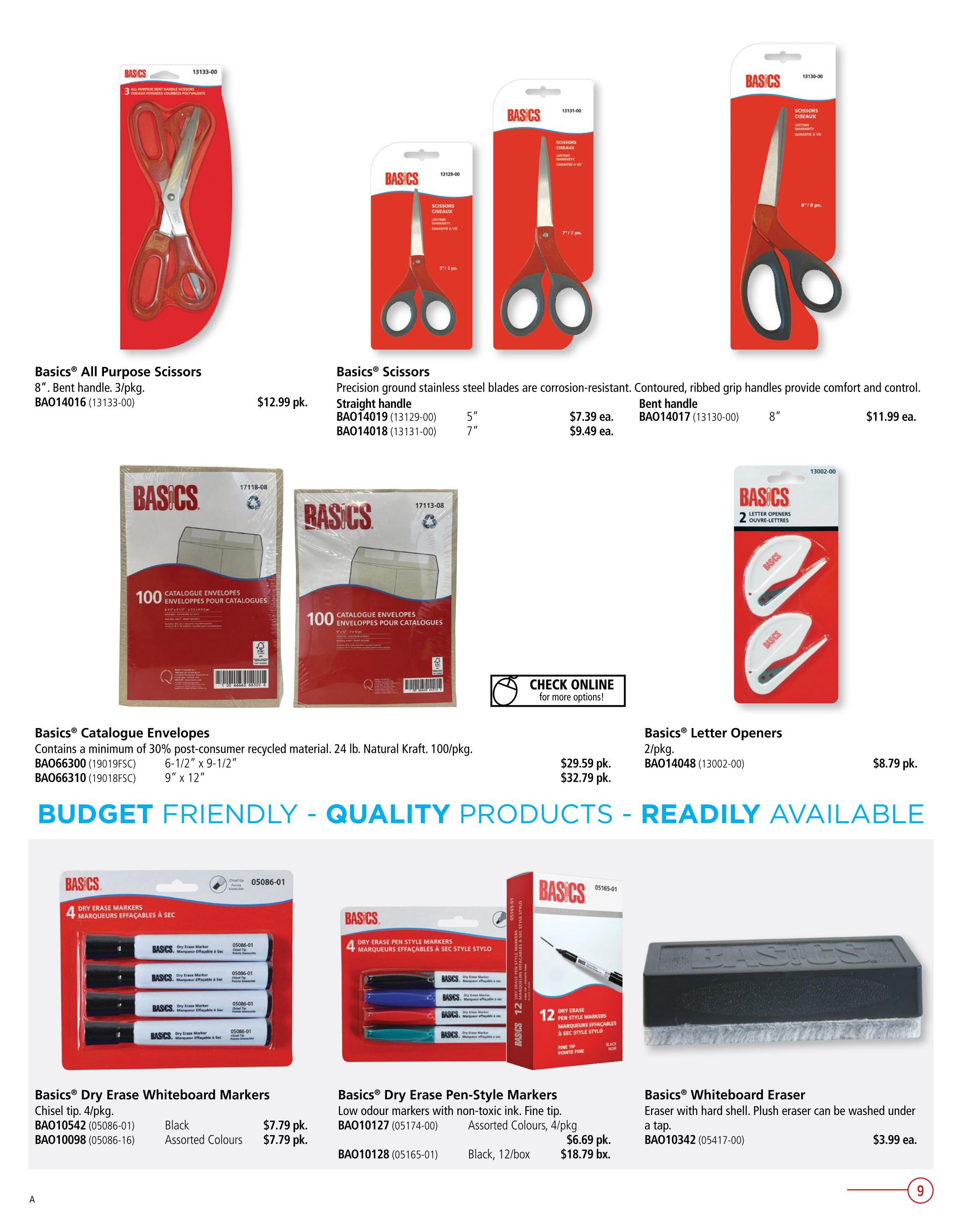 Page 9 of the Covey Basics flyer, featuring office supplies. Products include Basics All Purpose Scissors for $12.99 pk., Basics Scissors in 5' for $7.39 ea. and 7' for $9.49 ea., and 8' Bent Handle Scissors for $11.99 ea. Also available are Basics Catalogue Envelopes in 6-1/2' x 9-1/2' for $29.59 pk. and 9' x 12' for $32.79 pk., made with 30% post-consumer recycled material. Basics Letter Openers are $8.79 pk. The page also highlights Basics Dry Erase Whiteboard Markers with chisel tips in black or assorted colours for $7.79 pk., Basics Dry Erase Pen-Style Markers with non-toxic ink in assorted colours (4/pkg) for $6.69 pk. and black (12/box) for $18.79 bx. Finally, a Basics Whiteboard Eraser with hard shell is available for $3.99 ea.