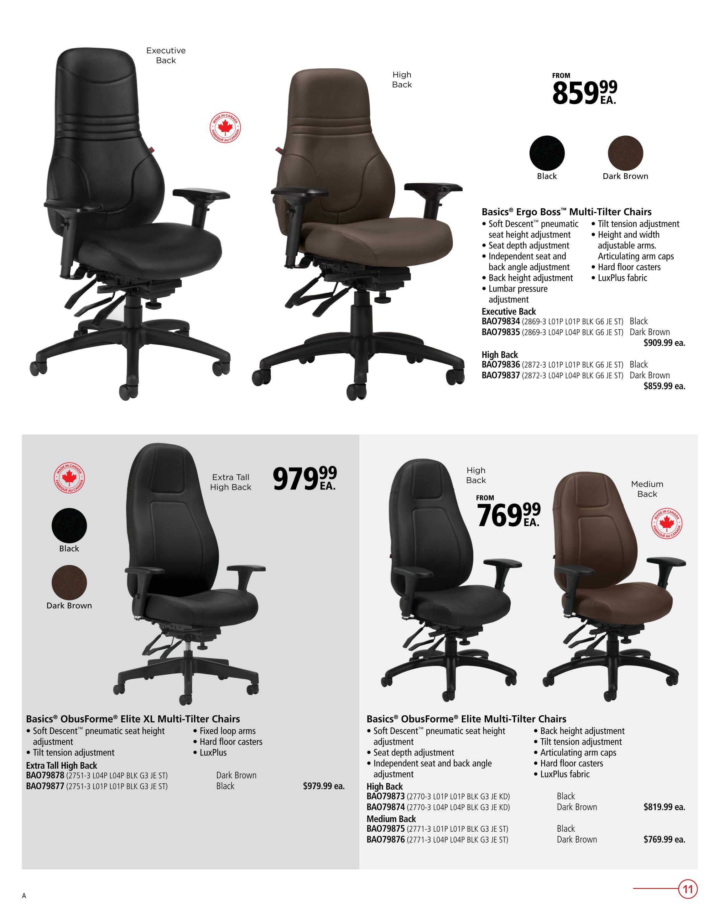 Covey Basics flyer page 11 features a selection of office chairs. The Basics Ergo Boss Multi-Tilder Chairs are available with an Executive Back in Black for $909.99 each, or in Dark Brown for $909.99 each. The High Back version of the Ergo Boss chair is priced at $859.99 each for both Black and Dark Brown options. These chairs include features like Soft Descent pneumatic seat height adjustment, independent seat and back angle adjustment, and LuxPlus fabric. Also featured are the Basics ObusForme Elite XL Multi-Tilder Chairs with an Extra Tall High Back, available in Black and Dark Brown for $979.99 each. The Basics ObusForme Elite Multi-Tilder Chairs with a High Back are priced at $819.99 each for Black and Dark Brown. The Medium Back version of the ObusForme Elite chair is available in Black for $769.99 each and in Dark Brown for $769.99 each. All featured chairs are Made in Canada.
