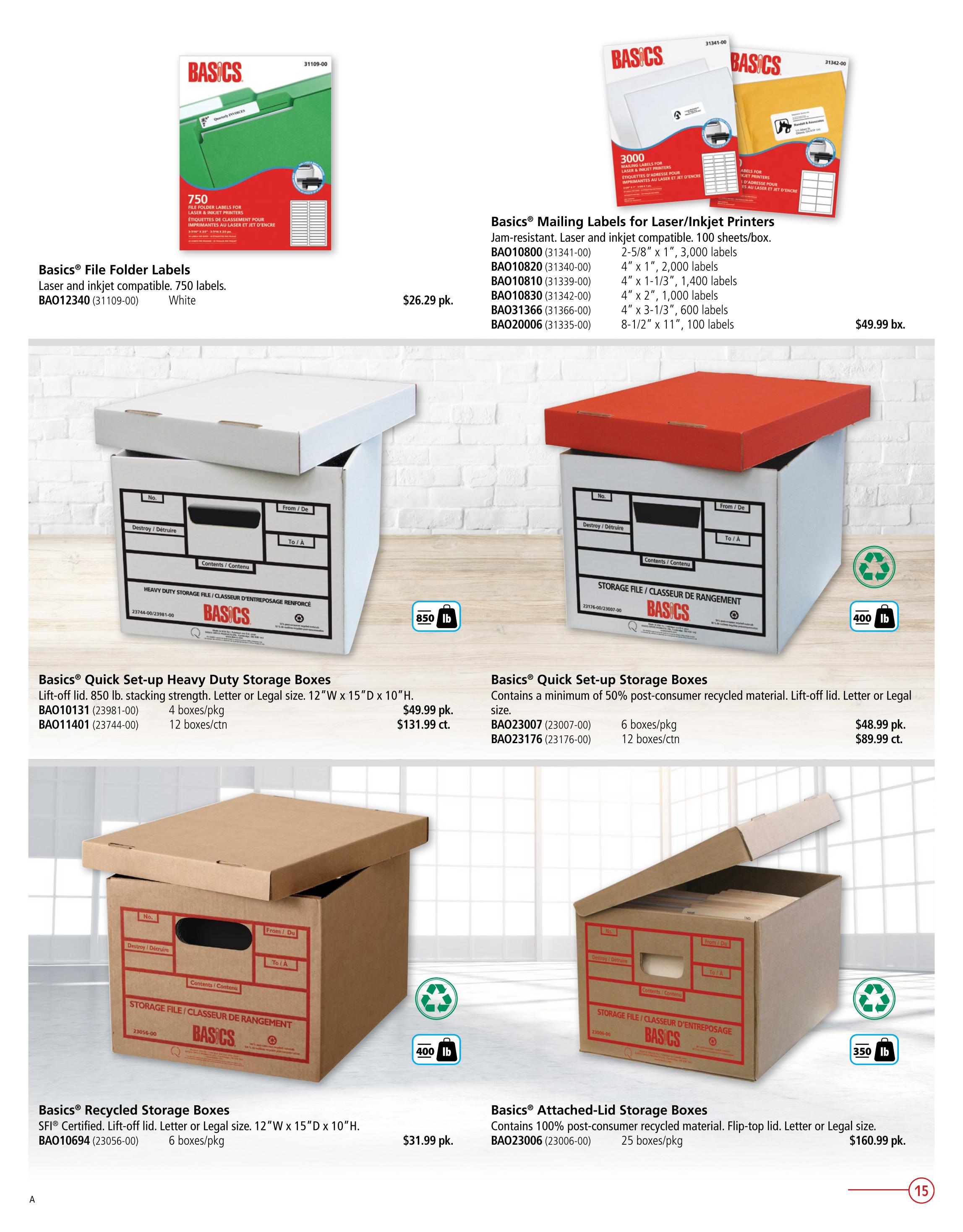 Page 15 of the Covey Basics flyer features office organization supplies. On the top left, Basics File Folder Labels are laser and inkjet compatible, come in a pack of 750 white labels, and cost $26.29 pk. To the right, Basics Mailing Labels for Laser/Inkjet Printers are jam-resistant and come in 100 sheets/box with various sizes and quantities, including 2-5/8' x 1' (3,000 labels), 4' x 1' (2,000 labels), 4' x 1-1/3' (1,400 labels), 4' x 2' (1,000 labels), 4' x 3-1/3' (600 labels), and 8-1/2' x 11' (100 labels), priced at $49.99 bx. The page also showcases several types of storage boxes. Basics Quick-Set-Up Heavy Duty Storage Boxes with lift-off lids and 850 lb. stacking strength are available in Letter or Legal size, 12'W x 15'D x 10'H. A pack of 4 boxes costs $49.99 pk., and a carton of 12 boxes costs $131.99 ct. Next, Basics Quick-Set-Up Storage Boxes, made with a minimum of 50% post-consumer recycled material and featuring lift-off lids, are also Letter or Legal size. A pack of 6 boxes is $48.99 pk., and a carton of 12 boxes is $89.99 ct. Finally, Basics Recycled Storage Boxes, SFI Certified with lift-off lids, in Letter or Legal size (12'W x 15'D x 10'H), come in a pack of 6 boxes for $31.99 pk. Basics Attached-Lid Storage Boxes, made from 100% post-consumer recycled material with flip-top lids, are available in Letter or Legal size and cost $160.99 pk. for 25 boxes/pkg.