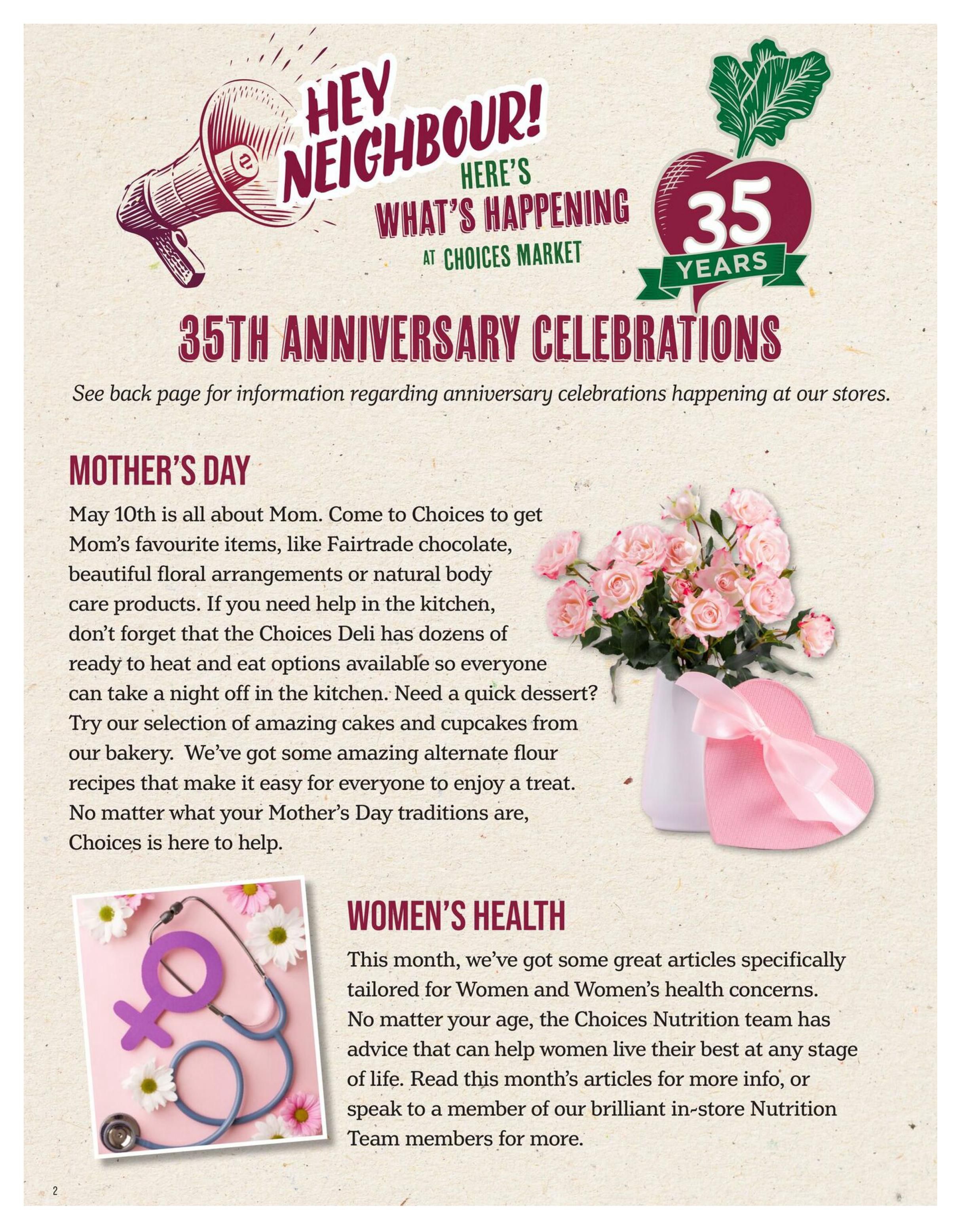 Choices Markets flyer page 2 features 'Hey Neighbour! Here's What's Happening at Choices Market' celebrating 35th Anniversary. The page highlights Mother's Day with suggestions for Fairtrade chocolate, floral arrangements, natural body care products, and ready-to-heat deli options like cakes and cupcakes. It also promotes Women's Health articles and advice from the Choices Nutrition team, encouraging readers to seek more information or speak with in-store Nutrition Team members.