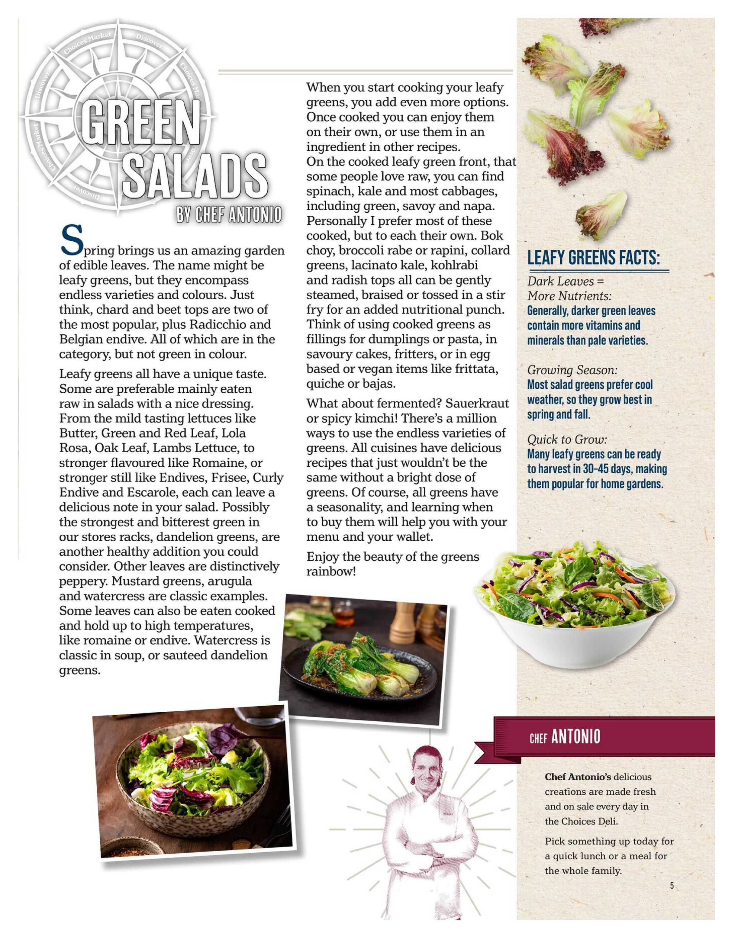 Choices Markets flyer page 5, featuring 'Green Salads' by Chef Antonio. The page discusses various leafy greens like Radicchio, Belgian endive, Butter lettuce, Green Leaf, Red Leaf, Lola Rosa, Oak Leaf, Lambs Lettuce, Romaine, Endives, Frisee, Curly Endive, Escarole, dandelion greens, mustard greens, arugula, and watercress. It provides facts about dark leaves having more nutrients, salad greens growing best in spring and fall, and being ready for harvest in 30-45 days. The page includes images of a vibrant salad bowl, cooked bok choy, and a salad with red lettuce. Chef Antonio is featured, with text highlighting his fresh creations available daily in the Choices Deli, perfect for a quick lunch or family meal.