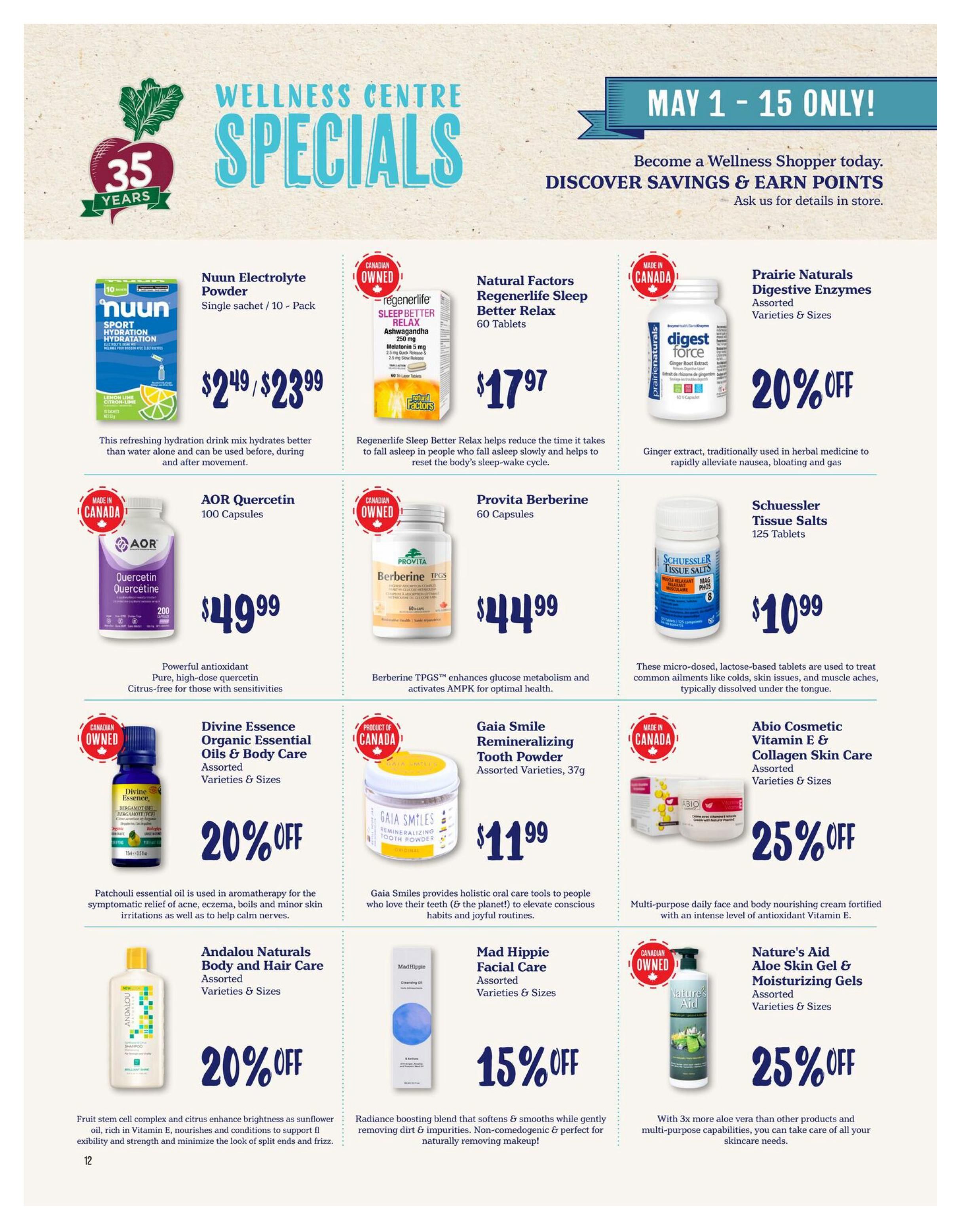 Choices Markets Wellness Centre Specials flyer page 12, featuring a variety of health and beauty products. Offers include Nuun Electrolyte Powder for $2.49/$23.99, Regenerlife Sleep Better Relax for $17.97, Prairie Naturals Digestive Enzymes at 20% off, AOR Quercetin 100 Capsules for $49.99, Provita Berberine 60 Capsules for $44.99, and Schuessler Tissue Salts 125 Tablets for $10.99. Also featured are Divine Essence Organic Essential Oils & Body Care at 20% off, Gaia Smile Remineralizing Tooth Powder for $11.99, Abio Cosmetic Vitamin E & Collagen Skin Care at 25% off, Andalou Naturals Body and Hair Care at 20% off, Mad Hippie Facial Care at 15% off, and Nature's Aid Aloe Skin Gel & Moisturizing Gels at 25% off. The flyer is valid from May 1 to May 15 only and promotes becoming a Wellness Shopper.