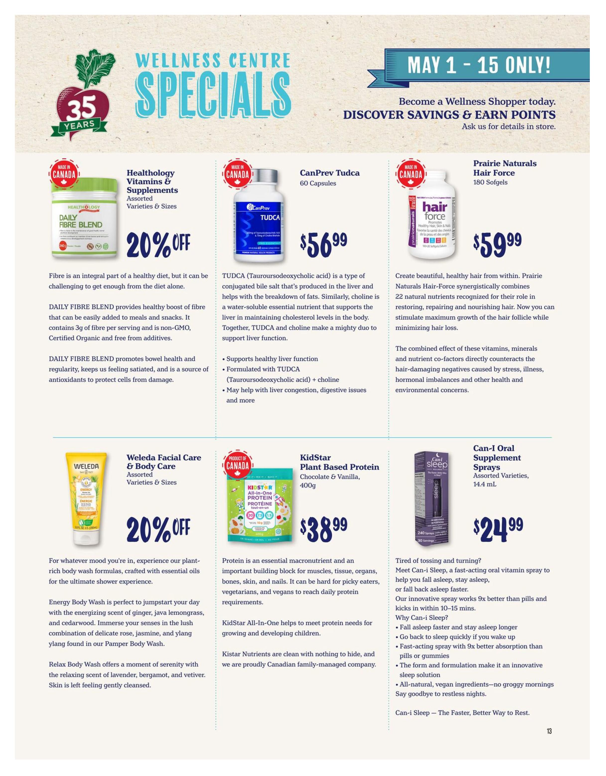 Choices Markets Wellness Centre Specials flyer for May 1-15. Featuring Healthology Daily Fibre Blend, 20% off, described as a source of antioxidants and promoting bowel health. CanPrev Tudca (Tauroursodeoxycholic acid) capsules are $56.99, supporting liver function. Prairie Naturals Hair Force (180 softgels) is $59.99, promoting healthy hair, skin, and nails. Weleda Facial Care & Body Care products are 20% off, crafted with essential oils. KidStar Plant Based Protein (Chocolate & Vanilla, 400g) is $38.99, an all-in-one protein for growing children. Can-I Sleep Oral Supplement Sprays (14.4 mL) are $24.99, a fast-acting spray to help you fall asleep faster. Page 13.