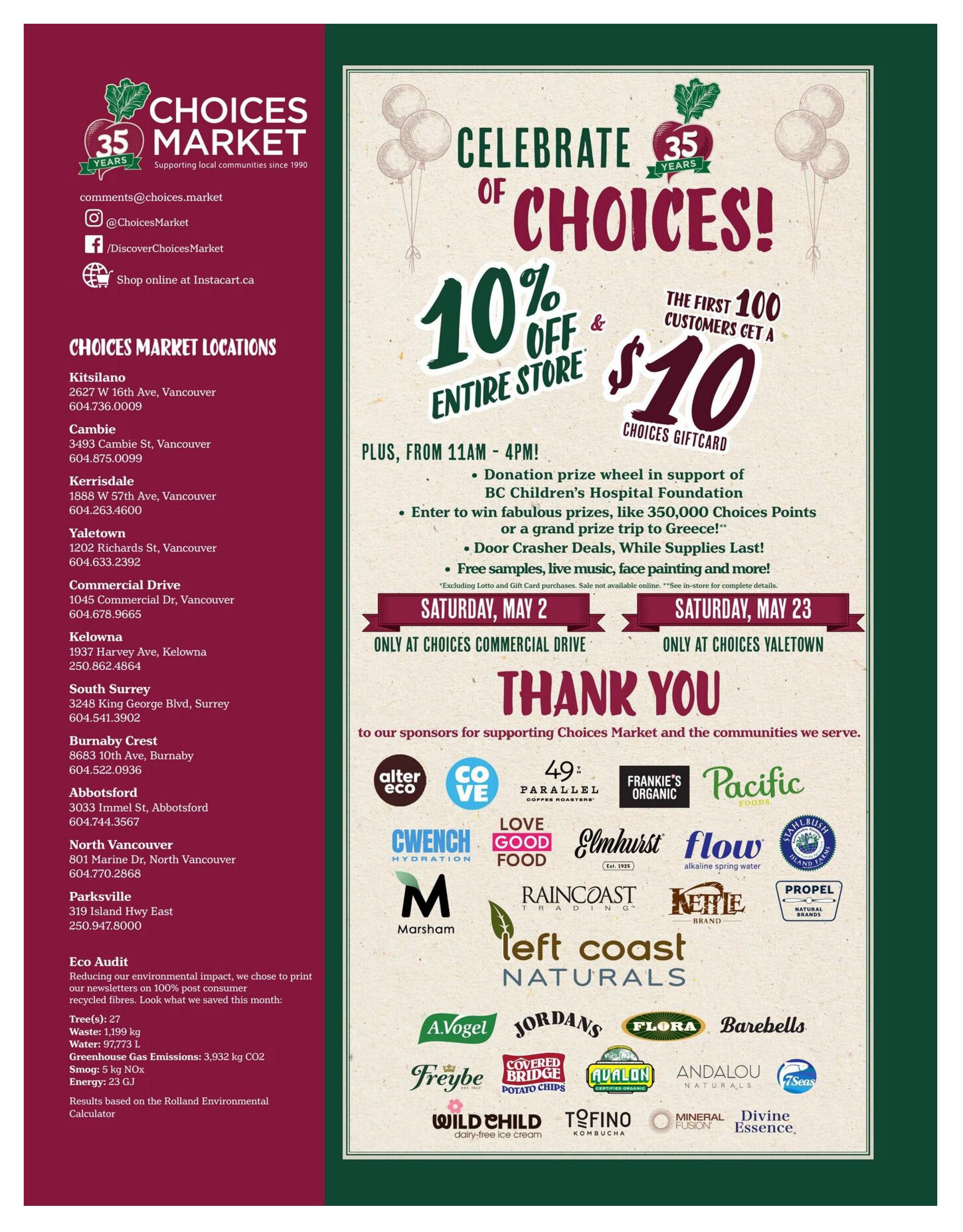 Choices Market flyer page 16 celebrating 35 years with a 10% off entire store discount from 11 AM to 4 PM, plus the first 100 customers get a $10 Choices Gift Card. Special events include a donation prize wheel for BC Children's Hospital Foundation, chances to win prizes like 350,000 Choices Points or a trip to Greece, door crasher deals, free samples, live music, and face painting. Saturday, May 2, is an event only at Choices Commercial Drive. Saturday, May 23, is an event only at Choices Yaletown. The page thanks sponsors including Alter Eco, Cove, 49th Parallel Coffee Roasters, Frankie's Organic, Pacific Foods, Cwench Hydration, Love Good Food, Elmhurst, Flow Alkaline Spring Water, Stahls' Bush Island Farm, Marsham, Raincoast Trading, Kettle Brand, Propel Natural Brands, Left Coast Naturals, A. Vogel, Jordans, Flora, Barebells, Freybe Potato Chips, Covered Bridge Potato Chips, Avalon Certified Organic, Andalou Naturals, 7 Seas, Wild Child Dairy-Free Ice Cream, Tofino Kombucha, Mineral Fusion, and Divine Essence. The flyer also lists Choices Market locations across Canada, including Kitsilano, Cambie, Kerrisdale, Yaletown, Commercial Drive, Kelowna, South Surrey, Burnaby Crest, Abbotsford, North Vancouver, and Parksville, with their addresses and phone numbers. An eco audit section details the environmental impact saved by printing on recycled fibres, including tree savings, water saved, and reduced greenhouse gas emissions and smog.