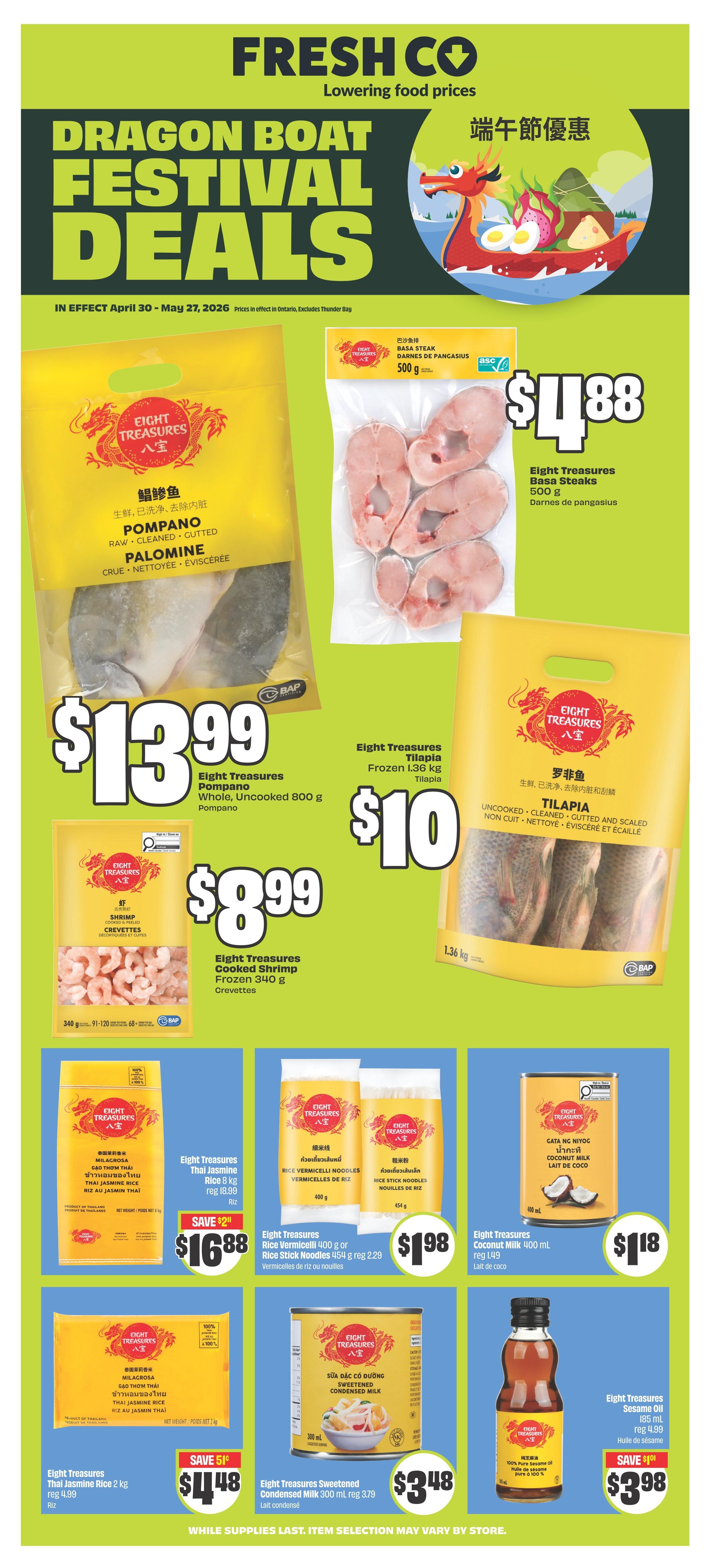 FreshCo flyer featuring Dragon Boat Festival Deals from April 30 to May 27, 2026. Highlights include Eight Treasures Pompano Whole, Uncooked for $13.99, Eight Treasures Basa Steak 500g for $4.88, Eight Treasures Frozen Tilapia 1.36 kg for $10, and Eight Treasures Cooked Shrimp Frozen 340g for $8.99. Also featured are Eight Treasures Thai Jasmine Rice 8 kg for $16.88 (save $2), Eight Treasures Rice Vermicelli 400g or Rice Stick Noodles 454g for $1.98, Eight Treasures Coconut Milk 400ml for $1.18, Eight Treasures Thai Jasmine Rice 2 kg for $4.48 (save $0.51), Eight Treasures Sweetened Condensed Milk 300ml for $3.48, and Eight Treasures Sesame Oil 185ml for $3.98 (save $1.01).