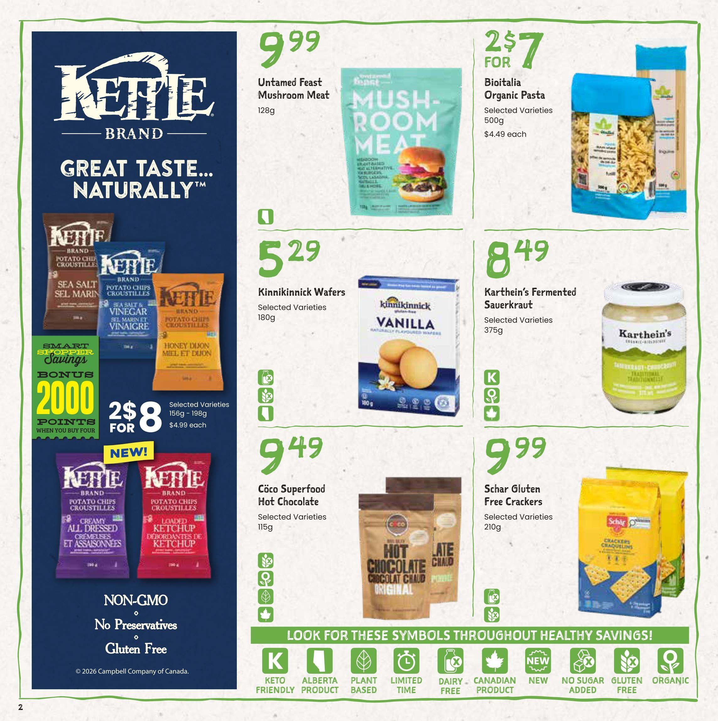 Freson Bros flyer page 2 features Kettle Brand potato chips with a buy four offer for $8, including Sea Salt, Sea Salt & Vinegar, and Honey Dijon flavours. Also on sale is Untamed Feast Mushroom Meat for $9.99 (128g), Kinnikinnick Wafers for $5.29 (180g), Karthein's Fermented Sauerkraut for $8.49 (375g), and Schar Gluten Free Crackers for $9.99 (210g). Bioitalia Organic Pasta is featured at 2 for $7 ($4.49 each for 500g). The page highlights various healthy savings symbols including Keto Friendly, Alberta Product, Plant Based, Limited Time, Dairy Free, Canadian Product, New, No Sugar Added, Gluten Free, and Organic.