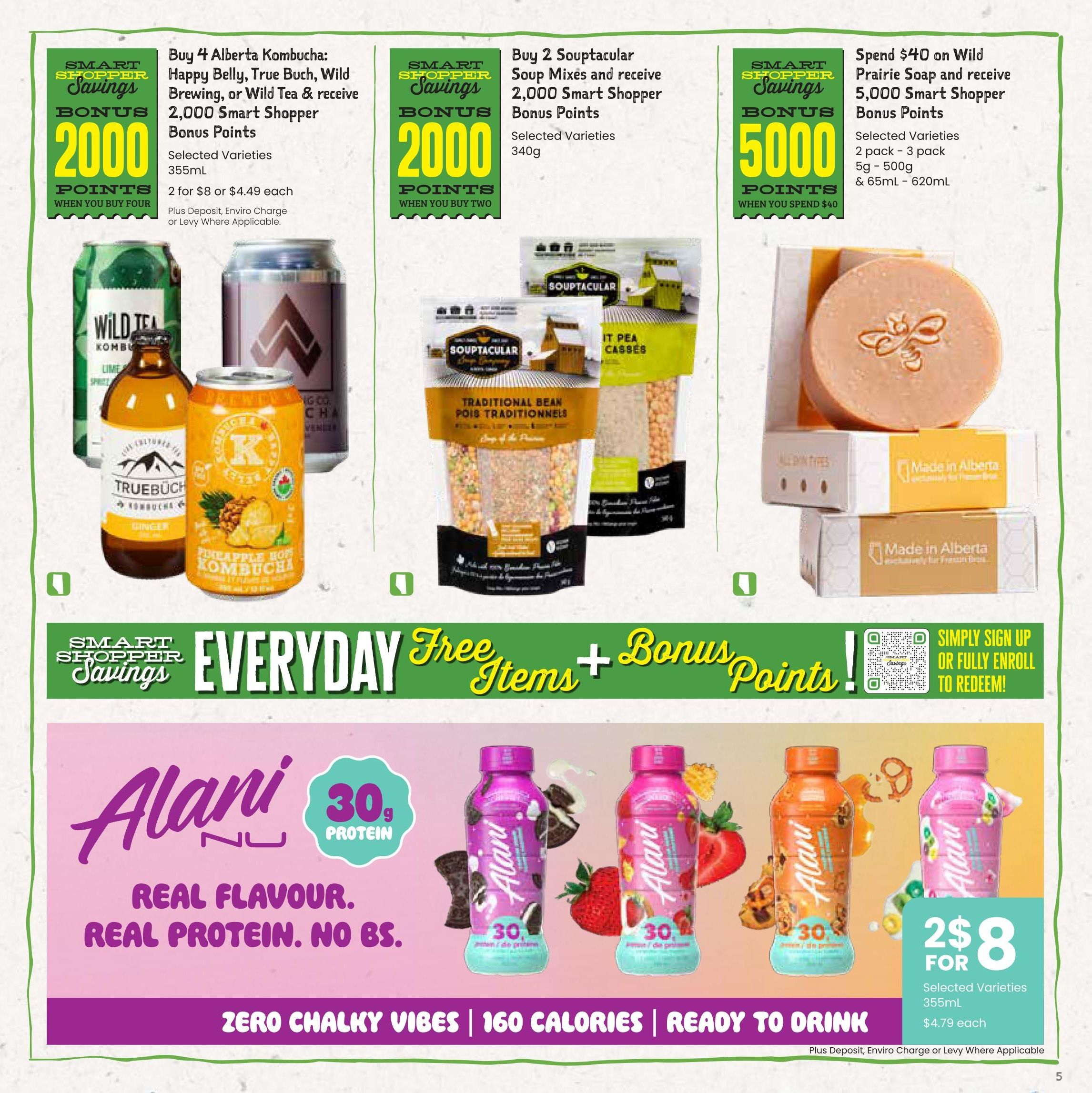 Freson Bros flyer page 5 features Smart Shopper Savings. Buy 4 Alberta Kombucha (Happy Belly, True Buch, Wild Brewing, or Wild Tea) and get 2,000 bonus points. Available in 355ml, 2 for $8 or $4.49 each. Also, buy 2 Souptacular Soup Mixes and receive 2,000 bonus points. Selected varieties, 340g. Spend $40 on Wild Prairie Soap and receive 5,000 bonus points. Available in selected varieties, 2-pack, 3-pack, 5g-500g & 65ml-620ml. The page also highlights Alani Nu protein drinks with 30g protein, real flavour, and no BS, zero chalky vibes, 160 calories, ready to drink. Available in selected varieties, 355ml, 2 for $8, or $4.79 each. A QR code is displayed for signing up or enrolling to redeem bonus points.