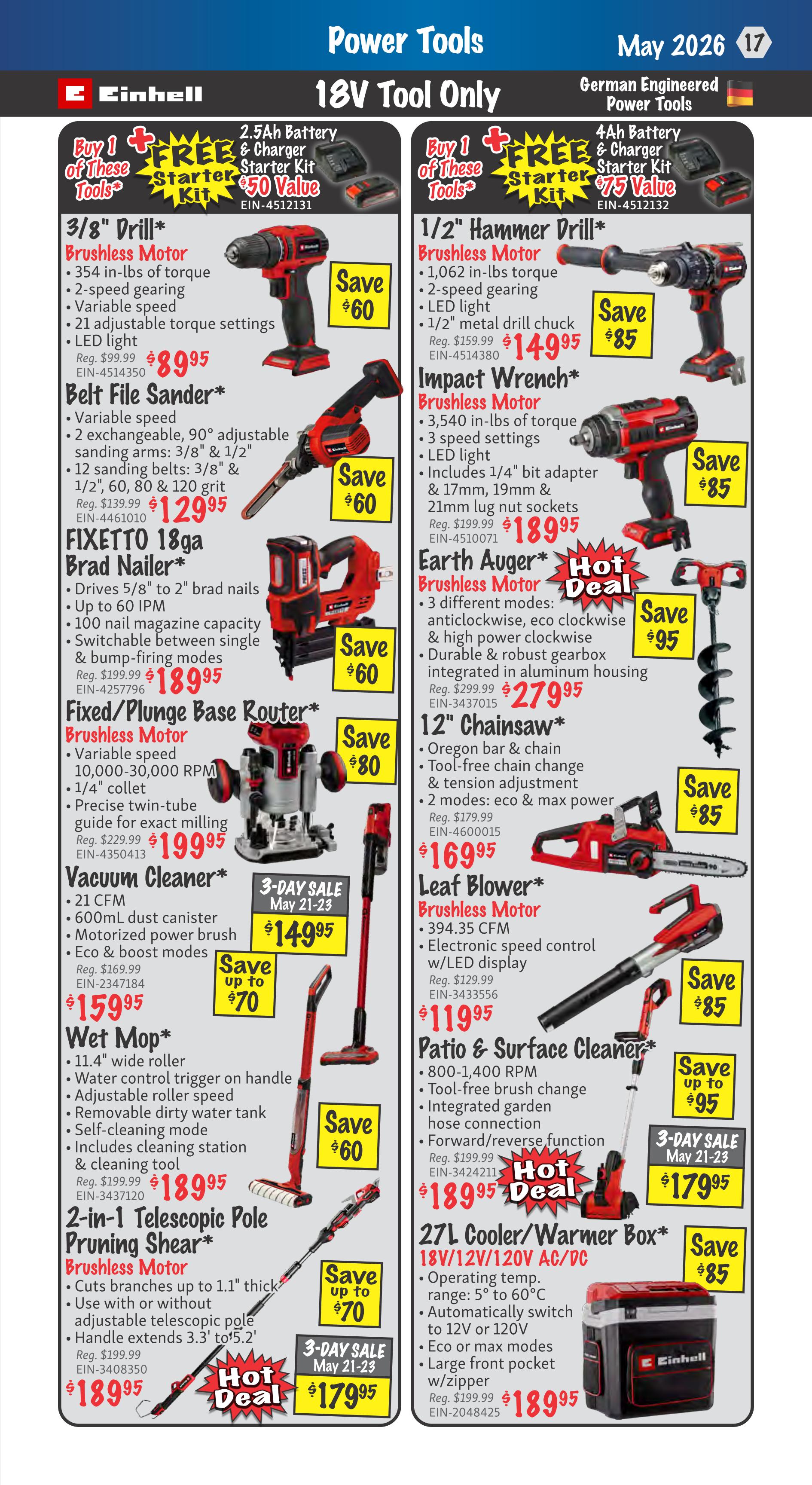 KMS Tools Flyer Specials, Page 17, featuring Einhell 18V Tool Only power tools. Offers include a free 2.5Ah battery and starter kit with the purchase of select tools. Featured products: 3/8' Drill for $89.95 (Save $60), Belt File Sander for $129.95 (Save $60), FIXETTO 18ga Brad Nailer for $189.95 (Save $60), Fixed/Plunge Base Router for $199.95 (Save $80), Vacuum Cleaner for $159.95 (Save up to $70), Wet Mop for $189.95 (Save $60), and 2-in-1 Telescopic Pole Pruning Shear for $179.95 (3-Day Sale, Save up to $70). On the right side, get a free 4Ah battery and starter kit with select tools. Products include: 1/2' Hammer Drill for $149.95 (Save $85), Impact Wrench for $189.95 (Save $85), Earth Auger for $279.95 (Hot Deal, Save $95), 12' Chainsaw for $169.95 (Save $85), Leaf Blower for $119.95 (Save $85), Patio & Surface Cleaner for $179.95 (3-Day Sale, Save up to $95), and a 27L Cooler/Warmer Box for $189.95 (Save $85).
