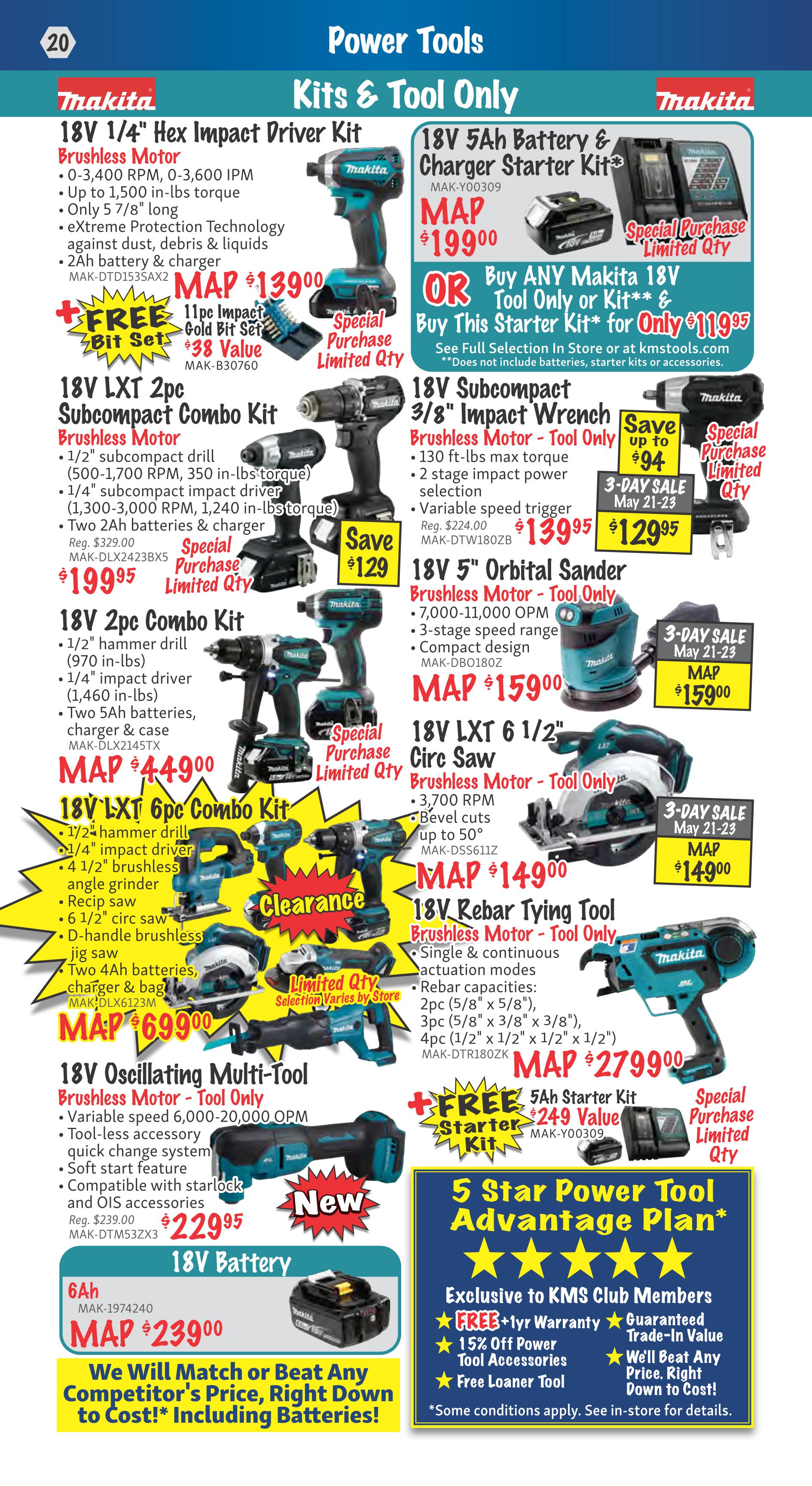 KMS Tools Power Tools Flyer, Page 20. Featured Makita products include the 18V 1/4' Hex Impact Driver Kit for MAP $139.00, which comes with a free 11pc Impact Gold Bit Set valued at $38. Also available is the 18V LXT 2pc Subcompact Combo Kit for $199.95, and the 18V 2pc Combo Kit for MAP $449.00. The 18V LXT 6pc Combo Kit is on clearance for MAP $699.00. The 18V Oscillating Multi-Tool, Tool Only, is new and priced at $229.95. A 6Ah 18V Battery is available for MAP $239.00. On the right side, find the 18V 5Ah Battery & Charger Starter Kit for MAP $199.00, or buy the Makita 18V Tool Only or Kit and this starter kit for $119.95. The 18V Subcompact 3/8' Impact Wrench, Tool Only, is on a 3-Day Sale May 21-23 for $129.95, with savings up to $94. The 18V 5' Orbital Sander, Tool Only, is MAP $159.00. The 18V LXT 6 1/2' Circ Saw, Tool Only, is on a 3-Day Sale May 21-23 for MAP $149.00. The 18V Rebar Tying Tool, Tool Only, is MAP $279.00 and includes a free 5Ah Starter Kit valued at $249. The flyer also promotes the 5 Star Power Tool Advantage Plan, exclusive to KMS Club Members, offering a free 1-year warranty, guaranteed trade-in value, 15% off power tool accessories, and a free loaner tool. KMS Tools offers to match or beat any competitor's price, including batteries.