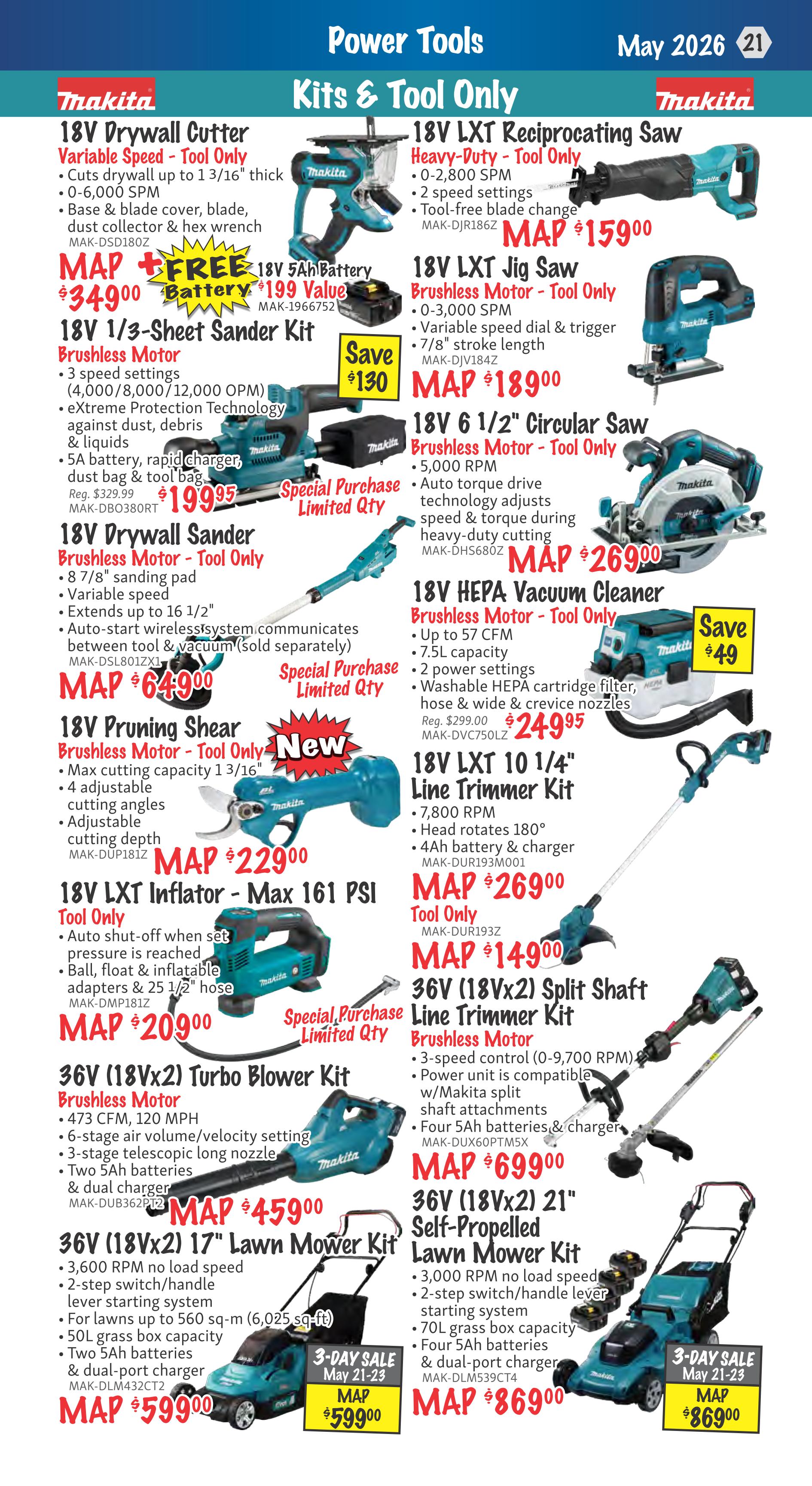 KMS Tools Power Tools flyer, page 21, featuring Makita products. Deals include: 18V Drywall Cutter Variable Speed Tool Only for $34.900 with a FREE 18V 5Ah Battery ($199 value); 18V 1/3-Sheet Sander Kit Brushless Motor for $19.995 (regularly $329.99); 18V Sander Brushless Motor Tool Only for $649.00; 18V Pruning Shear Brushless Motor Tool Only for $229.00; 18V LXT Inflator Max 161 PSI Tool Only for $209.00; 36V (18Vx2) Turbo Blower Kit Brushless Motor for $459.00; 36V (18Vx2) 17' Lawn Mower Kit for $599.00 (3-Day Sale May 21-23); 18V LXT Reciprocating Saw Heavy-Duty Tool Only for $159.00; 18V LXT Jig Saw Brushless Motor Tool Only for $189.00; 18V 6 1/2' Circular Saw Brushless Motor Tool Only for $269.00; 18V HEPA Vacuum Cleaner Brushless Motor Tool Only for $249.95 (Save $49); 18V LXT 10 1/4' Line Trimmer Kit Tool Only for $269.00; 36V (18Vx2) Split Shaft Line Trimmer Kit Brushless Motor for $149.00; 36V (18Vx2) 21' Self-Propelled Lawn Mower Kit for $869.00 (3-Day Sale May 21-23).