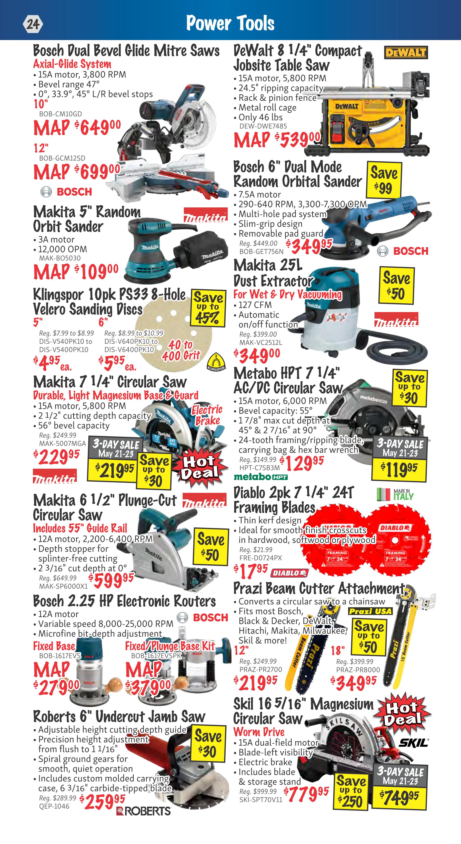 KMS Tools Power Tools flyer page featuring a variety of saws, sanders, dust extractors, and routers. Highlights include Bosch Dual Bevel Glide Miter Saws starting at $649.00, DeWalt 8 1/4' Compact Jobsite Table Saw for $539.00, and Makita 5' Random Orbit Sander for $109.00. Also featured are Klingspor 10pk PS33 8-Hole Velcro Sanding Discs for $4.95 ea. and $5.95 ea., Makita 7 1/4' Circular Saw on sale for $219.95 (save up to $30), Makita 6 1/2' Plunge-Cut Circular Saw for $599.95 (save $50), Bosch 2.25 HP Electronic Routers starting at $279.00, and Roberts 6' Undercut Jamb Saw for $259.95 (save $30). Other deals include Makita 25L Dust Extractor for $349.00 (save $50), Metabo HPT 7 1/4' AC/DC Circular Saw for $119.95 (save up to $30), Diablo 2pk 7 1/4' 24T Framing Blades for $17.95, and Prazi Beam Cutter Attachment for $219.95 (save up to $50). The Skil 16 5/16' Magnesium Circular Saw is a hot deal at $779.95 (save up to $250).