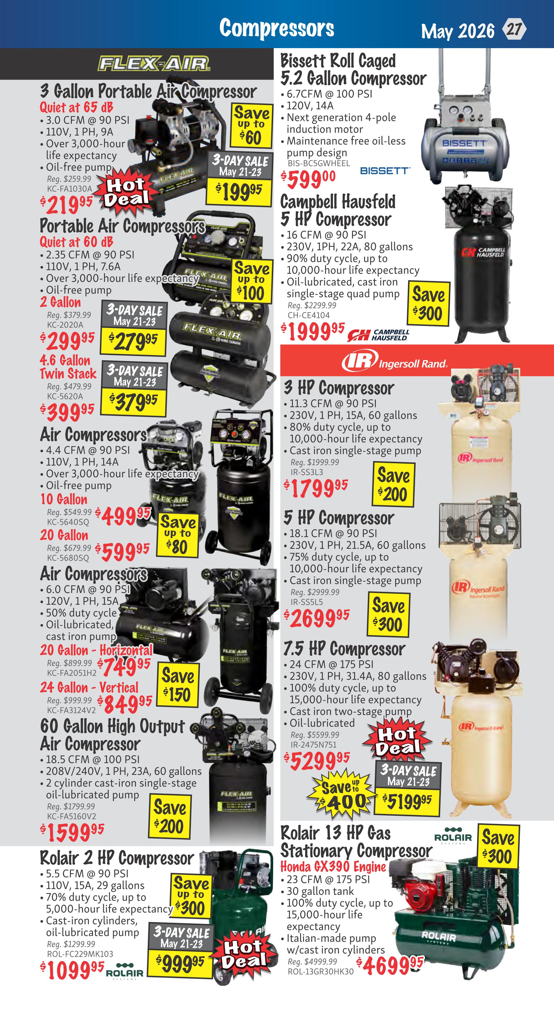 KMS Tools flyer, page 27, featuring a variety of air compressors. On the left, Flex-Air compressors include a 3 Gallon Portable model for $199.95 (regularly $259.99), a 2 Gallon Portable model for $279.95 (regularly $379.99), a 4.6 Gallon Twin Stack for $379.95 (regularly $479.99), a 10 Gallon Air Compressor for $499.95 (regularly $549.99), a 20 Gallon Air Compressor for $599.95 (regularly $679.99), a 20 Gallon Horizontal Air Compressor for $749.95 (regularly $899.99), and a 24 Gallon Vertical Air Compressor for $849.95 (regularly $999.99). A 60 Gallon High Output Air Compressor is on sale for $1599.95 (regularly $1799.99). The Rolair 2 HP Compressor is $1099.95 (regularly $1299.99) with a 3-day sale price of $999.95. On the right, Bissett Roll Caged 5.2 Gallon Compressor is $599.00. Campbell Hausfeld 5 HP Compressor is $1999.95 (regularly $2299.99). Ingersoll Rand compressors include a 3 HP model for $1799.95 (regularly $1999.99), a 5 HP model for $2699.95 (regularly $2999.99), and a 7.5 HP model for $5199.95 (regularly $5599.99) with a 3-day sale price of $5299.95. The Rolair 13 HP Gas Stationary Compressor with Honda GX390 Engine is $4699.95 (regularly $4999.99).
