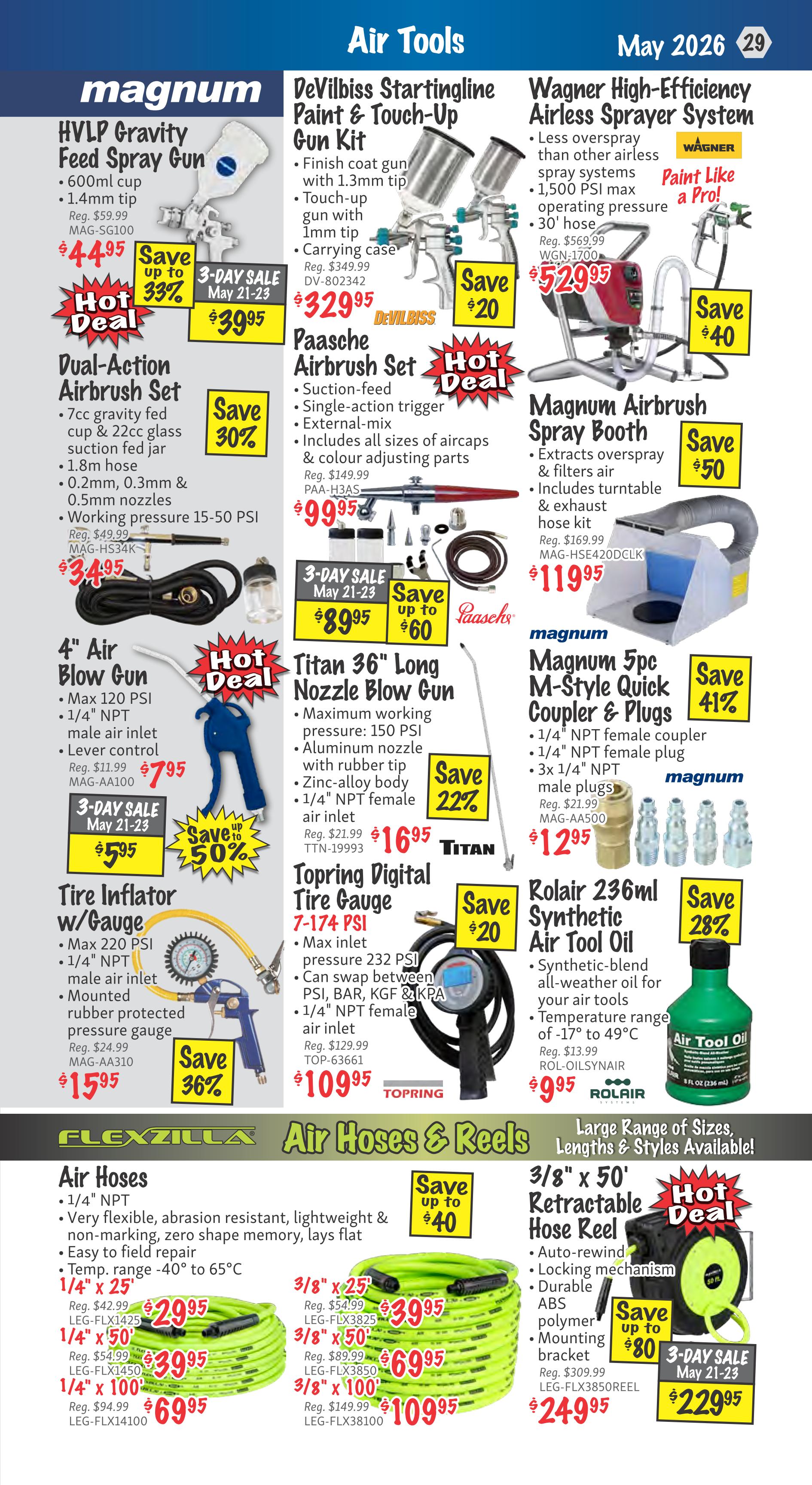 KMS Tools Air Tools flyer page featuring a variety of spray guns, airbrushes, tire gauges, and air hoses. Highlights include the Magnum HVLP Gravity Feed Spray Gun for $44.95 (Save 33%), DeVilbiss Startingline Paint & Touch-Up Gun Kit for $32.95 (Save $20), and Paasche Airbrush Set for $99.95 (Save 30%). Also featured is the Wagner High-Efficiency Airless Sprayer System for $52.95 (Save $40), Magnum Airbrush Spray Booth for $119.95 (Save $50), and Magnum 5pc M-Style Quick Coupler & Plugs for $12.95 (Save 41%). Other deals include the Titan 36' Long Nozzle Blow Gun for $16.95 (Save 22%), Topring Digital Tire Gauge for $109.95 (Save $20), and Rolair 236ml Synthetic Air Tool Oil for $9.95 (Save 28%). Flexzilla Air Hoses are available in various lengths and sizes, with 1/4' x 25' for $29.95, 1/4' x 50' for $39.95, and 1/4' x 100' for $69.95. Additionally, 3/8' hoses are on sale: 3/8' x 25' for $39.95, 3/8' x 50' for $69.95, and 3/8' x 100' for $109.95. A 3/8' x 50' Retractable Hose Reel is on hot deal for $229.95 (Save up to $80) during the 3-Day Sale May 21-23.