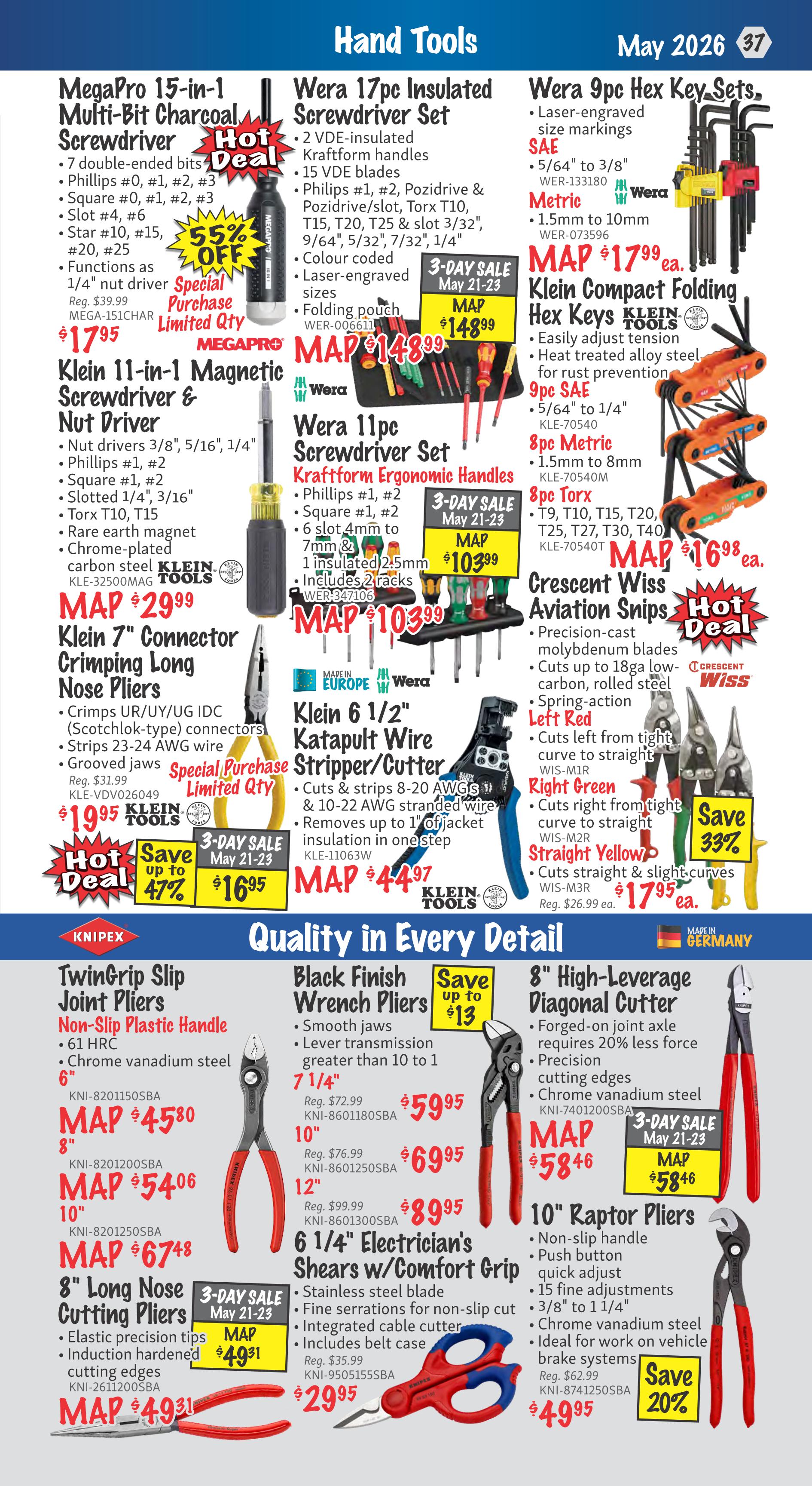 KMS Tools flyer page 37 features a variety of hand tools. Top section includes MegaPro 15-in-1 Multi-Bit Charcoal Screwdriver for $17.95, Wera 17pc Insulated Screwdriver Set for $148.99, and Wera 9pc Hex Key Sets starting at $17.99. Also featured are Wera 11pc Screwdriver Set for $103.99, Klein Compact Folding Hex Keys, Klein 7' Connector Crimping Long Nose Pliers for $19.95, Klein 6 1/2' Katapult Wire Stripper/Cutter for $44.97, and Crescent Wiss Aviation Snips for $17.95. The bottom section highlights Knipex TwinGrip Slip Joint Pliers in 8', 10', and 12' sizes for $45.80, $54.06, and $67.48 respectively. It also shows 8' Long Nose Cutting Pliers for $49.31. Other tools include Black Finish Wrench Pliers in 7 1/4', 10', and 12' sizes for $59.95, $69.95, and $89.95. Additionally, there are 6 1/4' Electrician's Shears w/Comfort Grip for $29.95 and 8' High-Leverage Diagonal Cutter for $58.46. Finally, 10' Raptor Pliers are available for $49.95 with a 20% saving.