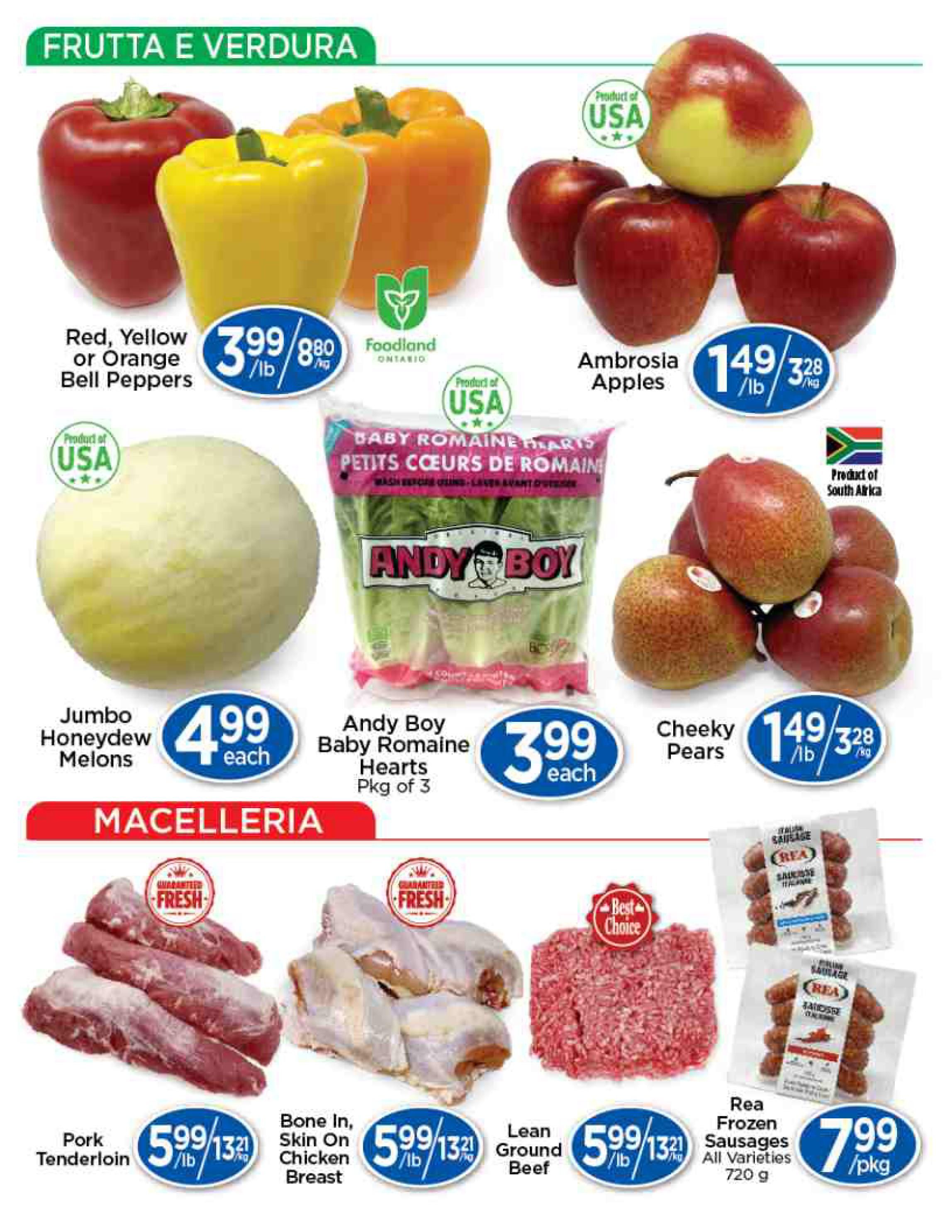 Lady York Foods weekly flyer specials page 2 features 'Frutta e Verdura' (Fruits and Vegetables) and 'Macelleria' (Butchery). In the produce section, find Red, Yellow, or Orange Bell Peppers for $3.99/lb, Ambrosia Apples for $1.49/lb, Jumbo Honeydew Melons for $4.99 each, Andy Boy Baby Romaine Hearts (Pkg of 3) for $3.99 each, and Cheeky Pears for $1.49/lb. The 'Macelleria' section offers Pork Tenderloin for $5.99/lb, Bone In, Skin On Chicken Breast for $5.99/lb, Lean Ground Beef for $5.99/lb, and Rea Frozen Sausages (All Varieties, 720g) for $7.99/pkg.