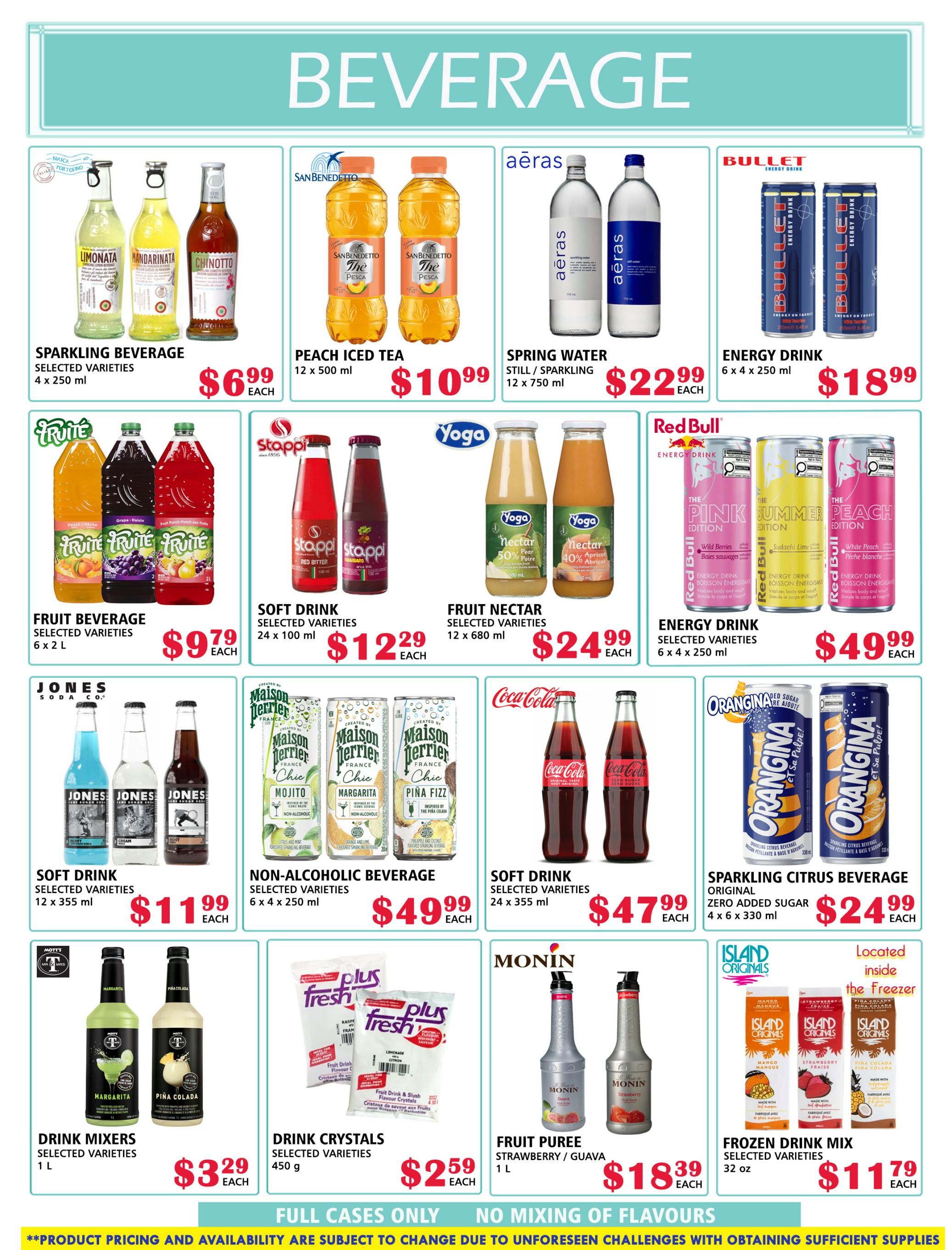 MVR Cash and Carry flyer specials page 2 features a variety of beverages. Top row includes San Benedetto Limonata, Mandarinta, and Chinotto sparkling beverages for $6.99 each, San Benedetto Peach Iced Tea 12 x 500 ml for $10.99, Aeras Still/Sparkling Spring Water 12 x 750 ml for $22.99 each, and Bullet Energy Drink 6 x 4 x 250 ml for $18.99. Middle row showcases Trute Fruit Beverage 6 x 2 L for $9.79 each, Stappi Soft Drink selected varieties 24 x 100 ml for $12.29 each, Yoga Fruit Nectar selected varieties 12 x 680 ml for $24.99 each, and Red Bull Energy Drink selected varieties 6 x 4 x 250 ml for $49.99 each. Bottom row features Jones Soda Co. Soft Drink selected varieties 12 x 355 ml for $11.99 each, Maison Perrier Chic Non-Alcoholic Beverage selected varieties 6 x 4 x 250 ml for $49.99 each, Coca-Cola Soft Drink selected varieties 24 x 355 ml for $47.99 each, and Orangina Sparkling Citrus Beverage Zero Added Sugar 4 x 6 x 330 ml for $24.99 each. Additional items include Mott's Drink Mixers selected varieties 1 L for $3.29 each, Plus Fresh Drink Crystals selected varieties 450 g for $2.59 each, Monin Fruit Puree Strawberry/Guava 1 L for $18.39 each, and Island Originals Frozen Drink Mix selected varieties 32 oz for $11.79 each. The flyer notes 'FULL CASES ONLY' and 'NO MIXING OF FLAVOURS'.