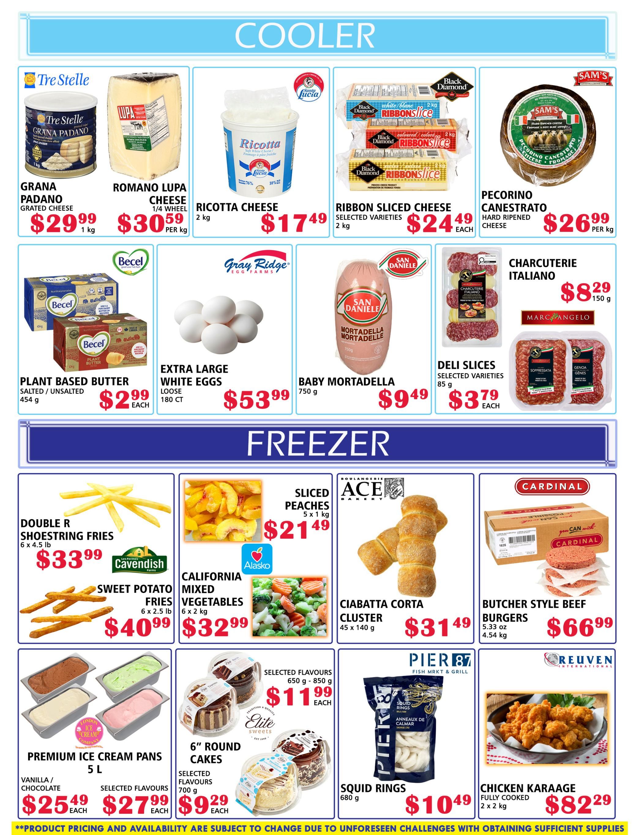 MVR Cash and Carry flyer specials page 3 features a 'Cooler' section with Grana Padano Grated Cheese for $29.99 per 1 kg, Romano Lupa Cheese (1/4 wheel) for $30.59 per kg, Ricotta Cheese for $17.49 per 2 kg, and Black Diamond Ribbon Sliced Cheese (selected varieties) for $24.49 each for 2 kg. Also available are Pecorino Canestrato Hard Ripened Cheese for $26.99 per kg, Becel Plant Based Butter (salted/unsalted) for $2.99 each for 454 g, Gray Ridge Extra Large White Eggs for $53.99 per 180 ct, San Daniele Baby Mortadella for $9.49 per 750 g, and Marc Angelo Charcuterie Italiano Deli Slices for $3.79 each for 85 g. The 'Freezer' section includes Double R Shoestring Fries for $33.99 per 6 x 4.5 lb, Cavendish Sweet Potato Fries for $40.99 per 6 x 2.5 lb, Alasko California Mixed Vegetables for $32.99 per 6 x 2 kg, Ace Bakery Ciabatta Corta Cluster for $31.49 per 45 x 140 g, Cardinal Butcher Style Beef Burgers for $66.99 per 5.33 oz (4.54 kg), London Ice Cream Company Premium Ice Cream Pans (5 L) in Vanilla/Chocolate for $25.49 each and selected flavours for $27.99 each, Elite Sweets 6' Round Cakes (selected flavours) for $11.99 each for 650-850 g, and Elite Sweets 6' Round Cakes (selected flavours) for $9.29 each for 700 g. Additionally, Pier 87 Squid Rings are available for $10.49 per 680 g, and Reuven International Chicken Karaage (fully cooked) is $82.29 per 2 x 2 kg.