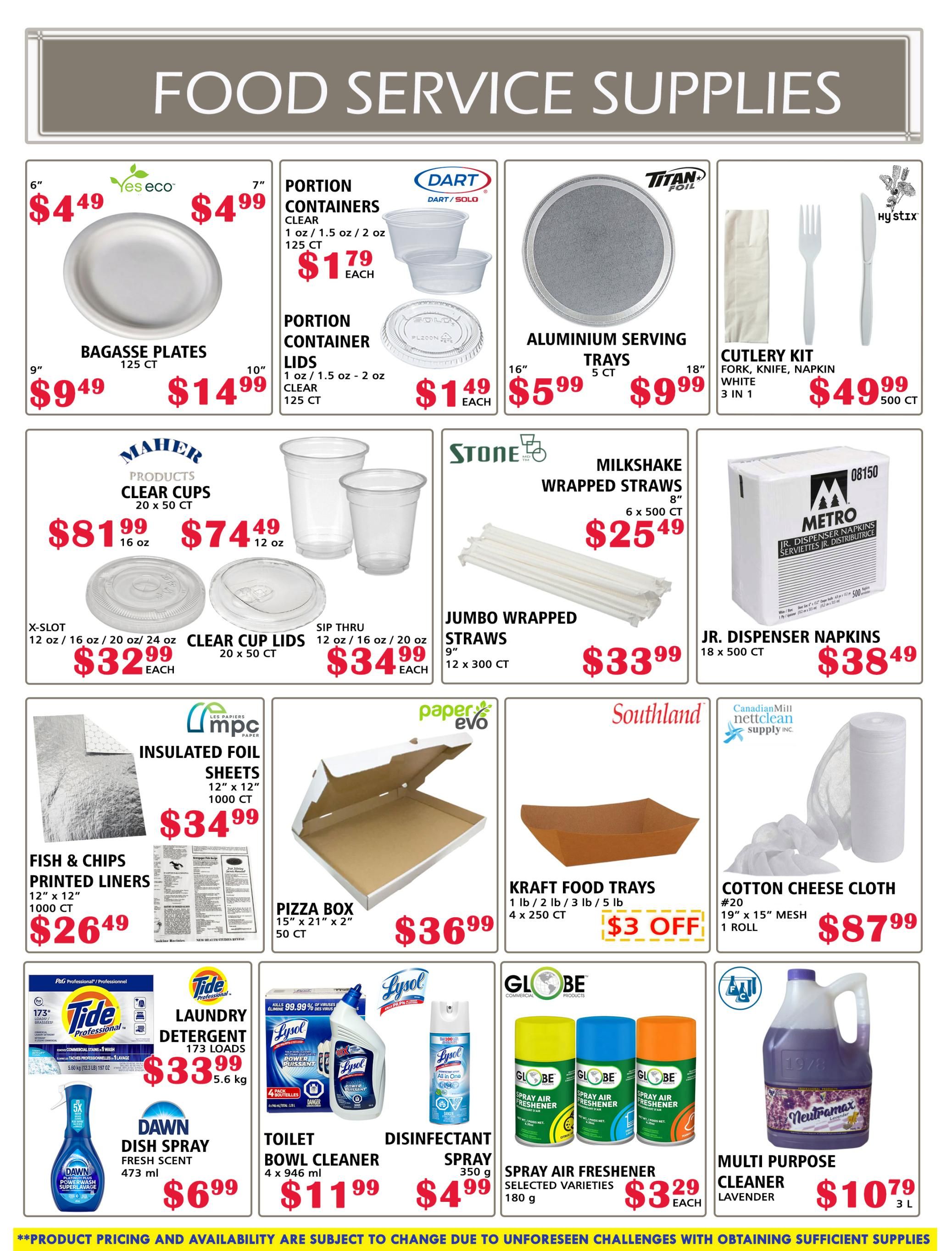 MVR Cash and Carry flyer specials page 6 features food service supplies. Bagasse plates are available in 6-inch for $4.49 and 9-inch for $9.49. 7-inch portion containers are $1.79 each, and portion container lids (1 oz / 1.5 oz / 2 oz) are $1.49 each. Aluminium serving trays come in 16-inch for $5.99 and 18-inch for $9.99. Cutlery kits with fork, knife, and napkin (3 in 1) are $49.99 for 500 ct. Maher Products clear cups are $81.99 for 16 oz (20 x 50 ct) and $74.49 for 12 oz (20 x 50 ct). Clear cup lids (X-Slot 12 oz / 16 oz / 20 oz / 24 oz) are $32.99 each (20 x 50 ct). Sip Thru clear cup lids (12 oz / 16 oz / 20 oz) are $34.99 each. Stone milkshake wrapped straws (8-inch, 6 x 500 ct) are $25.49. Jumbo wrapped straws (9-inch, 12 x 300 ct) are $33.99. Jr. Dispenser napkins (18 x 500 ct) are $38.49. MPC insulated foil sheets (12' x 12', 1000 ct) are $34.99. Fish & chips printed liners (12' x 12', 1000 ct) are $26.49. Pizza boxes (15' x 21' x 2', 50 ct) are $36.99. Southland Kraft food trays (1 lb / 2 lb / 3 lb / 5 lb, 4 x 250 ct) are $3 off. Cotton cheese cloth (#20, 19' x 15' mesh, 1 roll) is $87.99. Tide Professional laundry detergent (173 loads, 5.60 kg) is $33.99. Dawn dish spray (fresh scent, 473 ml) is $6.99. Lysol toilet bowl cleaner (4 x 946 ml) is $11.99. Lysol disinfectant spray (350 g) is $4.99. Globe spray air freshener (selected varieties, 180 g) is $3.29 each. Neutrallax multi-purpose cleaner (lavender, 3 L) is $10.79.
