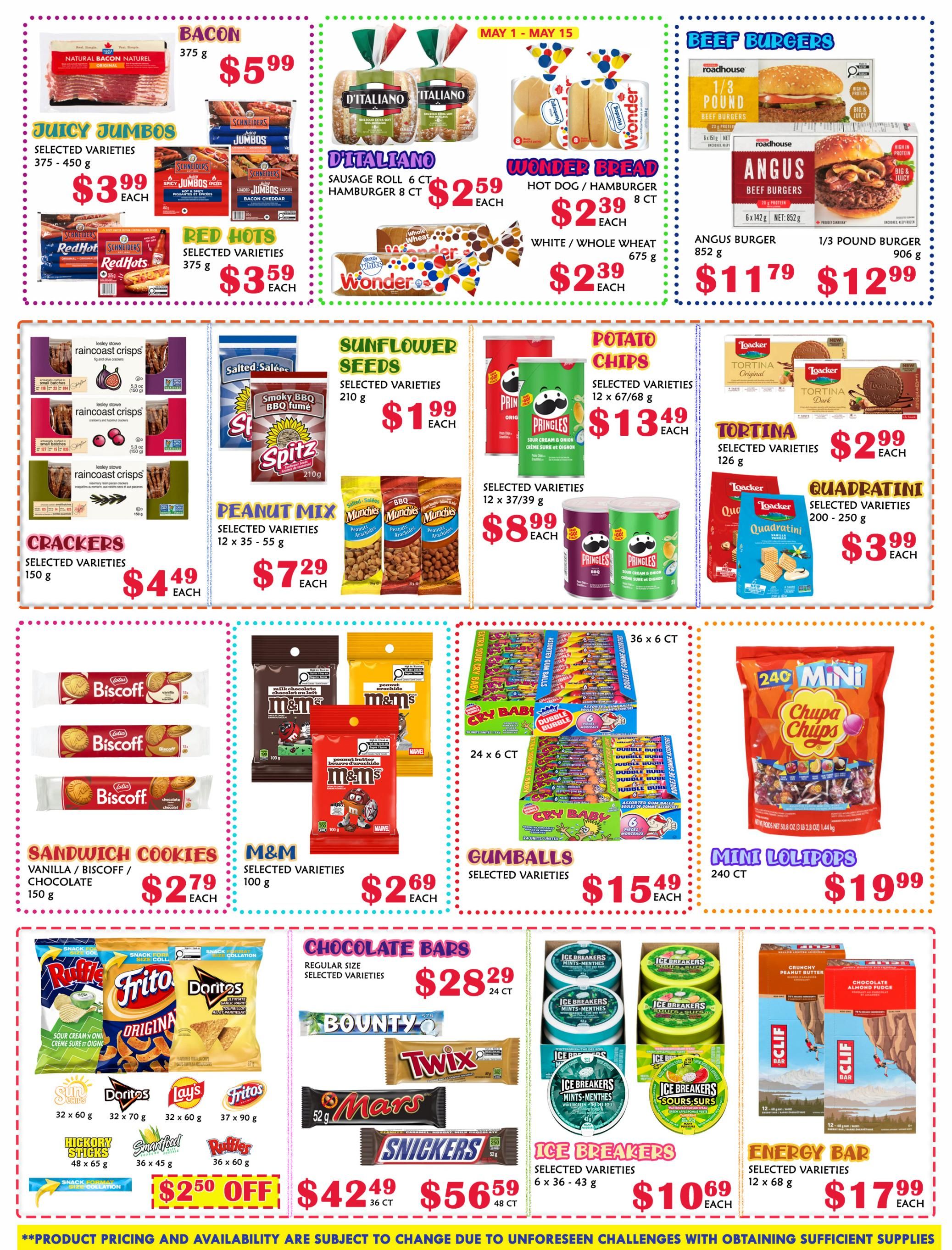 MVR Cash and Carry flyer specials page 8 features a variety of snacks and treats. Top row includes Bacon for $5.99, D'Italiano Sausage Rolls and Hamburger Buns for $2.59 each, Wonder Bread Hot Dog/Hamburger buns for $2.39 each, and Beef Burgers including 1/3 Pound Burgers and Angus Burgers priced at $11.79 and $12.99 respectively. Middle row showcases Juicy Jumbos for $3.99 each, Red Hots for $3.59 each, Lesley Stowe Raincoast Crisps Crackers for $4.49 each, Spitz Sunflower Seeds for $1.99 each, Pringles Potato Chips for $13.49 per 12-pack, and Tortina and Quadrantini cookies for $2.99 and $3.99 each. Bottom row features Lotus Biscoff Sandwich Cookies for $2.79 each, M&M's candies for $2.69 each, Cry Baby Gumballs for $15.49 each, and Mini Lollipops for $19.99. The bottom section highlights a snack bag assortment including Ruffles, Frito, Doritos, Lay's, and Fritos with a $2.50 off offer. Also featured are Chocolate Bars like Bounty, Twix, Mars, and Snickers with prices of $28.29 for 24 CT, $42.49 for 36 CT, and $56.59 for 48 CT. Ice Breakers Mints and Sours are available for $10.69 per 6-pack, and Clif Energy Bars are priced at $17.99 per 12-pack.