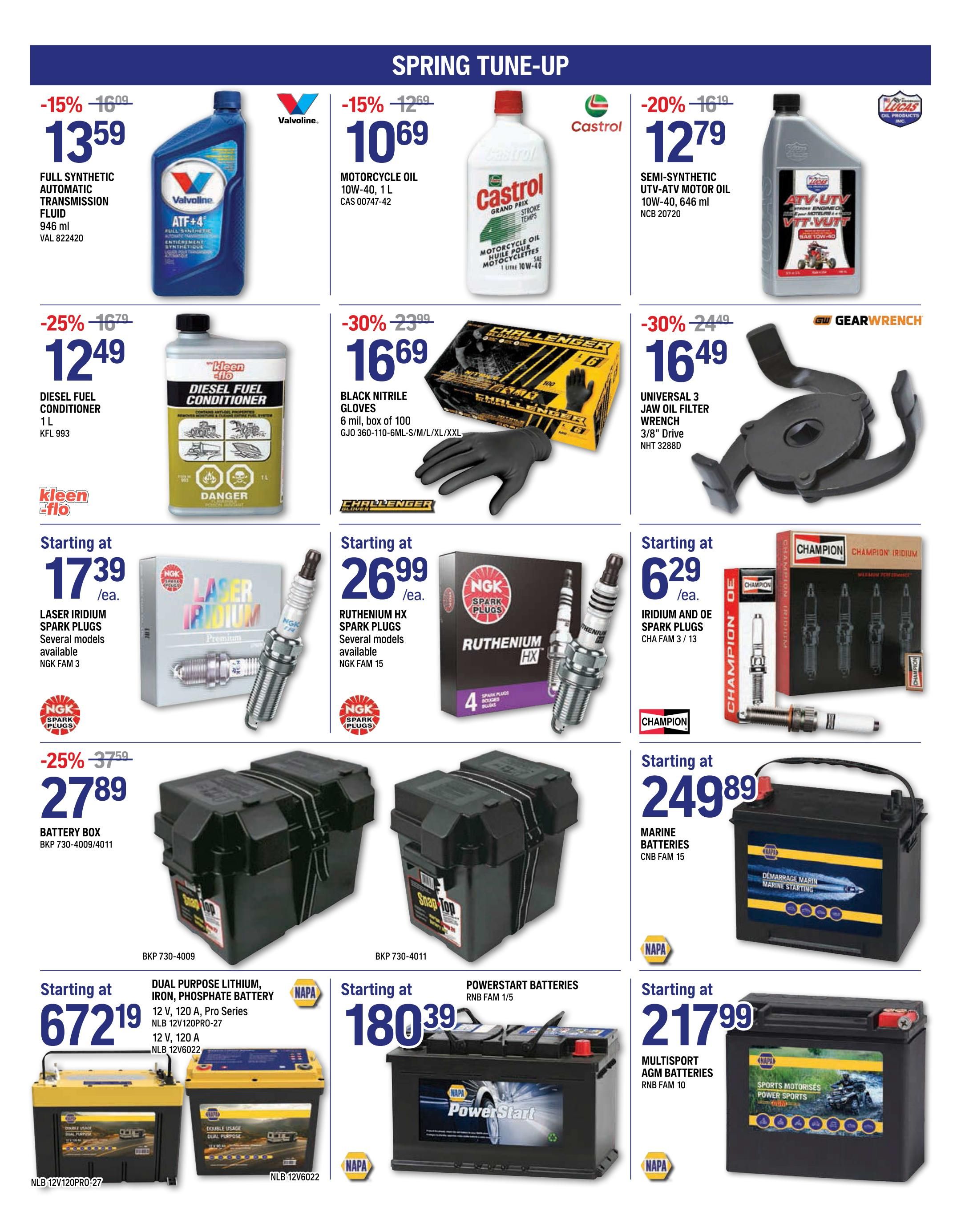 NAPA Auto Parts Spring Tune-Up flyer page 4. Featured items include Valvoline Full Synthetic Automatic Transmission Fluid, 946 ml, on sale for $13.59 (15% off). Castrol Motorcycle Oil 10W-40, 1 L, is $10.69 (15% off). Lucas Oil ATV-UTV Motor Oil 10W-40, 646 ml, is $12.79 (20% off). Kleen-Flo Diesel Fuel Conditioner, 1 L, is $12.49 (25% off). Challenger Black Nitrile Gloves, 6 mil, box of 100, are $16.69 (30% off). GearWrench Universal 3 Jaw Oil Filter Wrench, 3/8' Drive, is $16.49 (30% off). NGK Laser Iridium Spark Plugs are starting at $17.39 each. NGK Ruthenium HX Spark Plugs are starting at $26.99 each. Champion Iridium and OE Spark Plugs are starting at $6.29 each. Battery Boxes are on sale for $27.89. NAPA Dual Purpose Lithium Iron Phosphate Batteries (12V, 120A, Pro Series) are starting at $67.21. Powerstart Batteries are starting at $180.39. NAPA Multisport AGM Batteries are starting at $217.99.