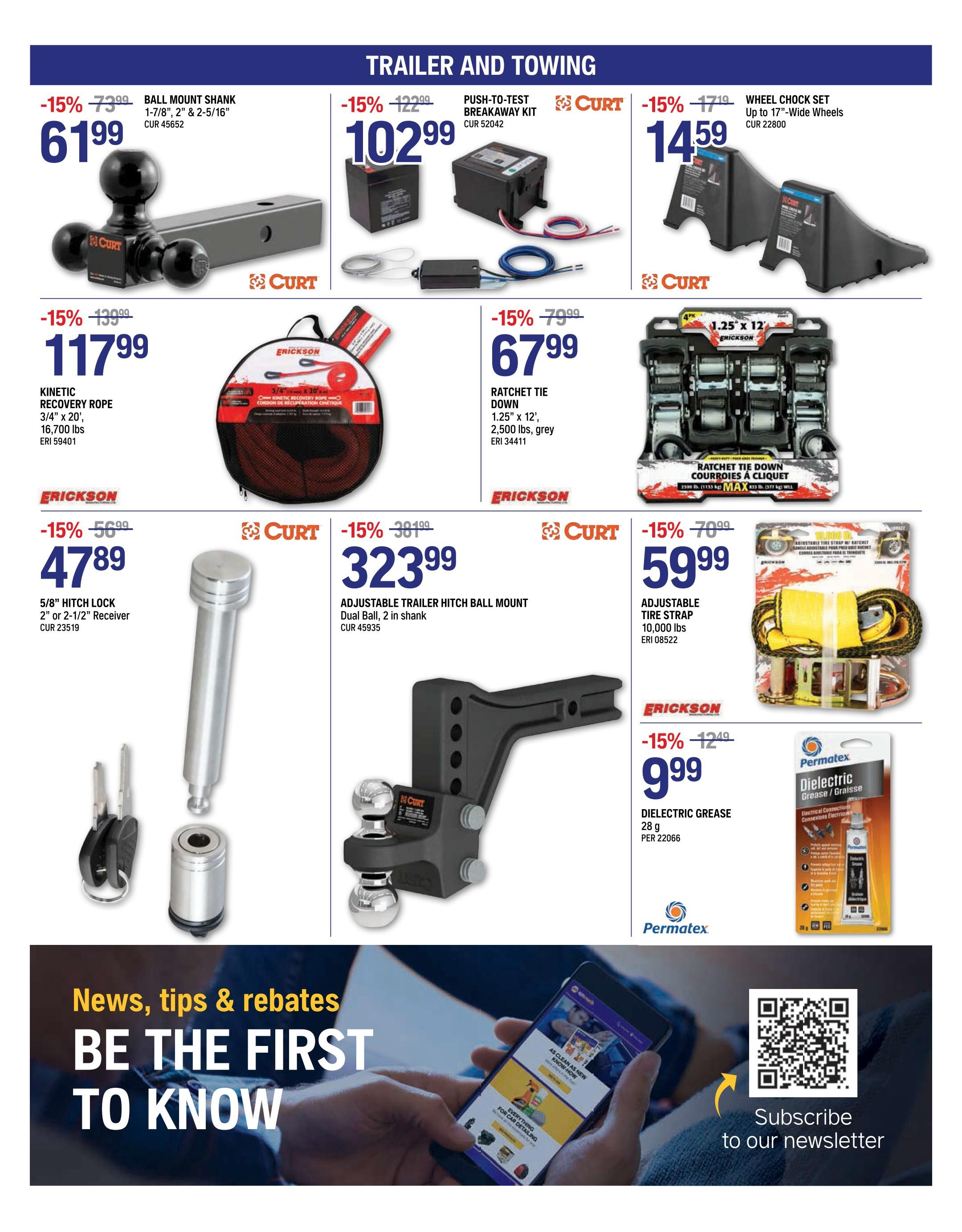 NAPA Auto Parts flyer specials page 5, featuring trailer and towing equipment. On sale: Ball Mount Shank for $61.99 (15% off), Push-to-Test Breakaway Kit for $102.99 (15% off), Wheel Chock Set (up to 17'-Wide Wheels) for $14.59 (15% off). Also available: Kinetic Recovery Rope (3/4' x 20', 16,700 lbs) for $117.99 (15% off), Ratchet Tie Down (1.25' x 12', 2,500 lbs, grey) for $67.99 (15% off). Other items include: 5/8' Hitch Lock (2' or 2-1/2' Receiver) for $47.89 (15% off), Adjustable Trailer Hitch Ball Mount (Dual Ball, 2 in shank) for $323.99 (15% off), Adjustable Tire Strap (10,000 lbs) for $59.99 (15% off), and Dielectric Grease (28 g) for $9.99 (15% off). The bottom of the page features a section for news, tips, and rebates with a call to action to subscribe to the newsletter.