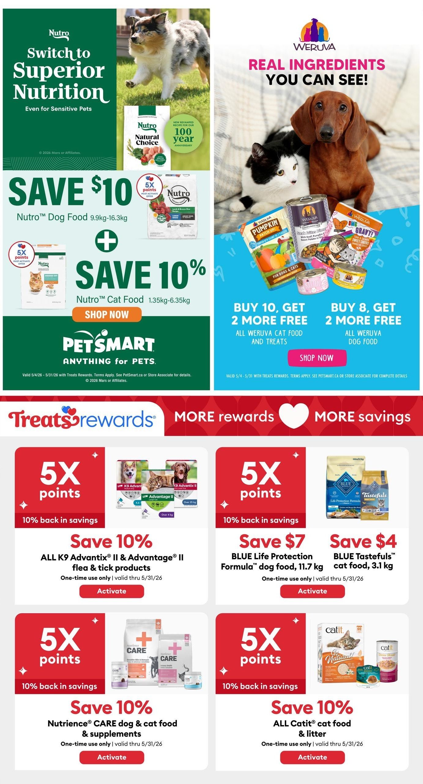 PetSmart flyer specials page 6. Top section features Nutro dog food with a save $10 offer on 9.9kg-16.3kg bags and save 10% on Nutro cat food 1.35kg-6.35kg. Also, buy 10, get 2 free on all Weruva cat food and treats, and buy 8, get 2 free on all Weruva dog food. The bottom section highlights Treats Rewards with 5X points (10% back in savings) on various products. Offers include save 10% on ALL K9 Advantix II & Advantage II flea & tick products, save $7 on BLUE Life Protection Formula dog food 11.7 kg, save $4 on BLUE Tastefuls cat food 3.1 kg, save 10% on Nutrience CARE dog & cat food & supplements, and save 10% on ALL Catit cat food & litter. All offers are one-time use and valid through 5/31/26.
