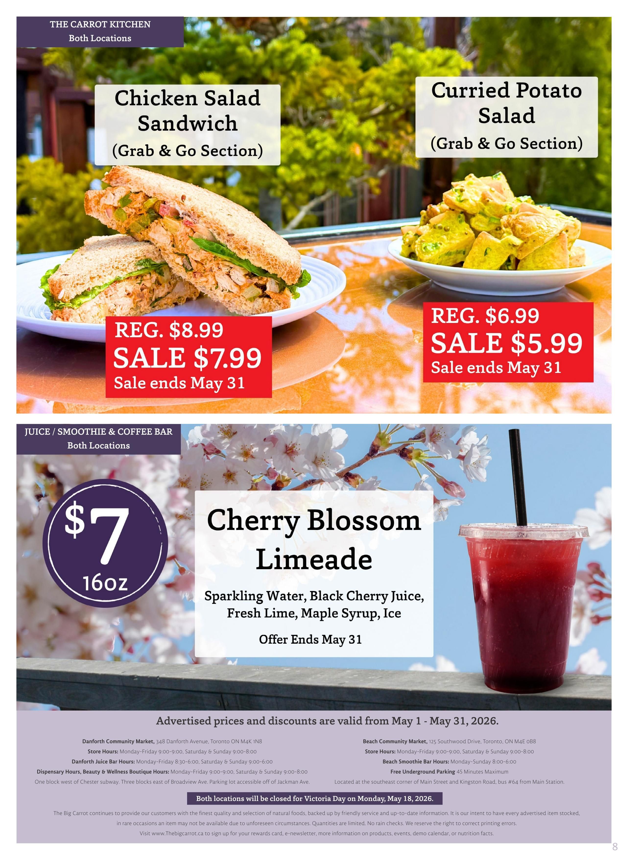 The Big Carrot Kitchen flyer page featuring grab & go items. A Chicken Salad Sandwich is on sale for $7.99 (regularly $8.99), and Curried Potato Salad is on sale for $5.99 (regularly $6.99). Both sales end May 31. Also featured is a 16oz Cherry Blossom Limeade from the Juice/Smoothie & Coffee Bar for $7, with the offer ending May 31. Store hours and locations for Danforth Community Market and Beach Community Market are listed, with both locations closed for Victoria Day on Monday, May 18, 2026. Advertised prices and discounts are valid from May 1 - May 31, 2026.