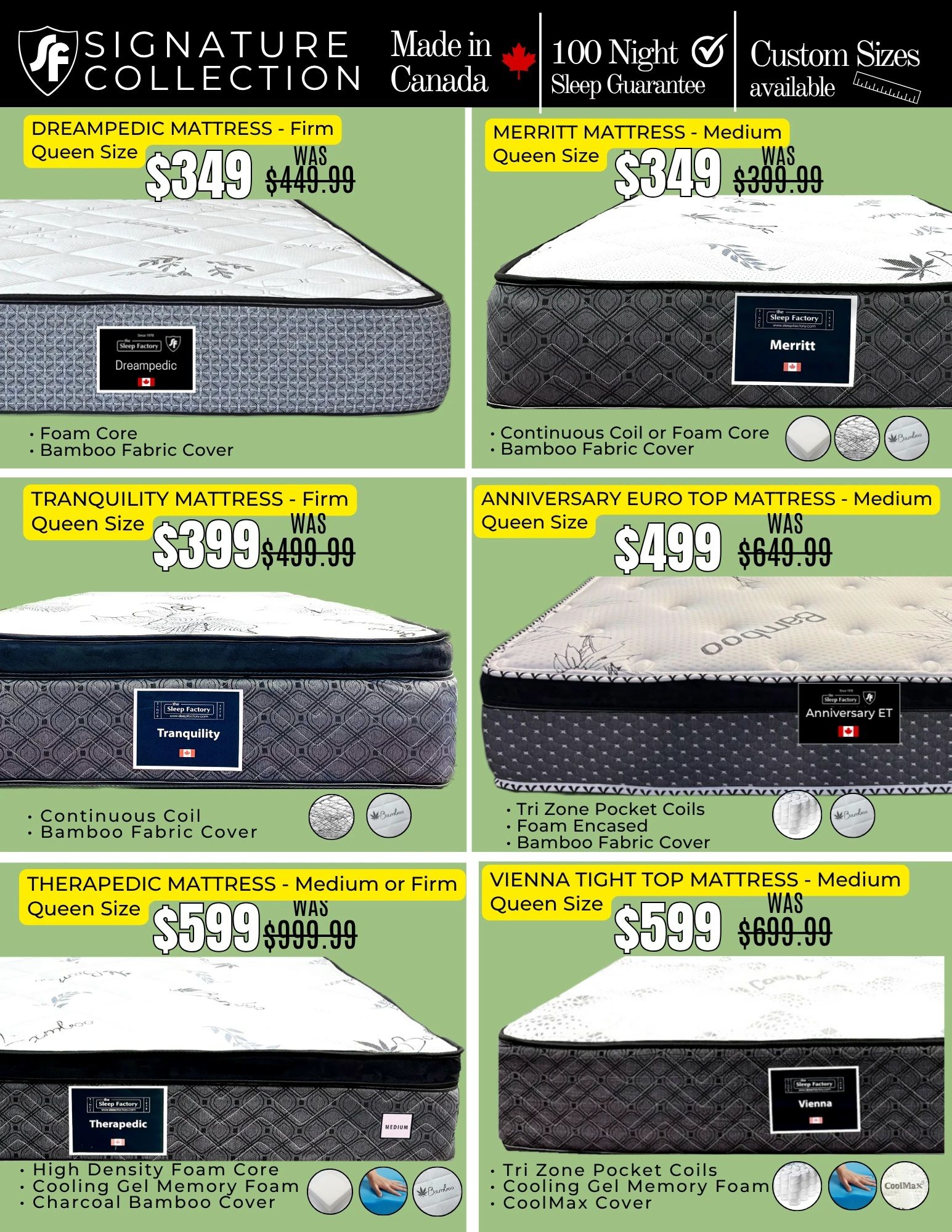 The Sleep Factory flyer specials page 2 features mattresses from the Signature Collection, all made in Canada with a 100 Night Sleep Guarantee and custom sizes available. Featured products include the Dreampedic Mattress - Firm Queen Size for $349 (was $449.99) with a foam core and bamboo fabric cover. The Merritt Mattress - Medium Queen Size is also $349 (was $399.99) and offers a continuous coil or foam core with a bamboo fabric cover. The Tranquility Mattress - Firm Queen Size is on sale for $399 (was $499.99) and includes a continuous coil and bamboo fabric cover. The Anniversary Euro Top Mattress - Medium Queen Size is priced at $499 (was $649.99) and features tri zone pocket coils, foam encased, and a bamboo fabric cover. The Therapedic Mattress - Medium or Firm Queen Size is available for $599 (was $999.99) with a high density foam core, cooling gel memory foam, and charcoal bamboo cover. Lastly, the Vienna Tight Top Mattress - Medium Queen Size is $599 (was $699.99) and includes tri zone pocket coils, cooling gel memory foam, and a CoolMax cover.